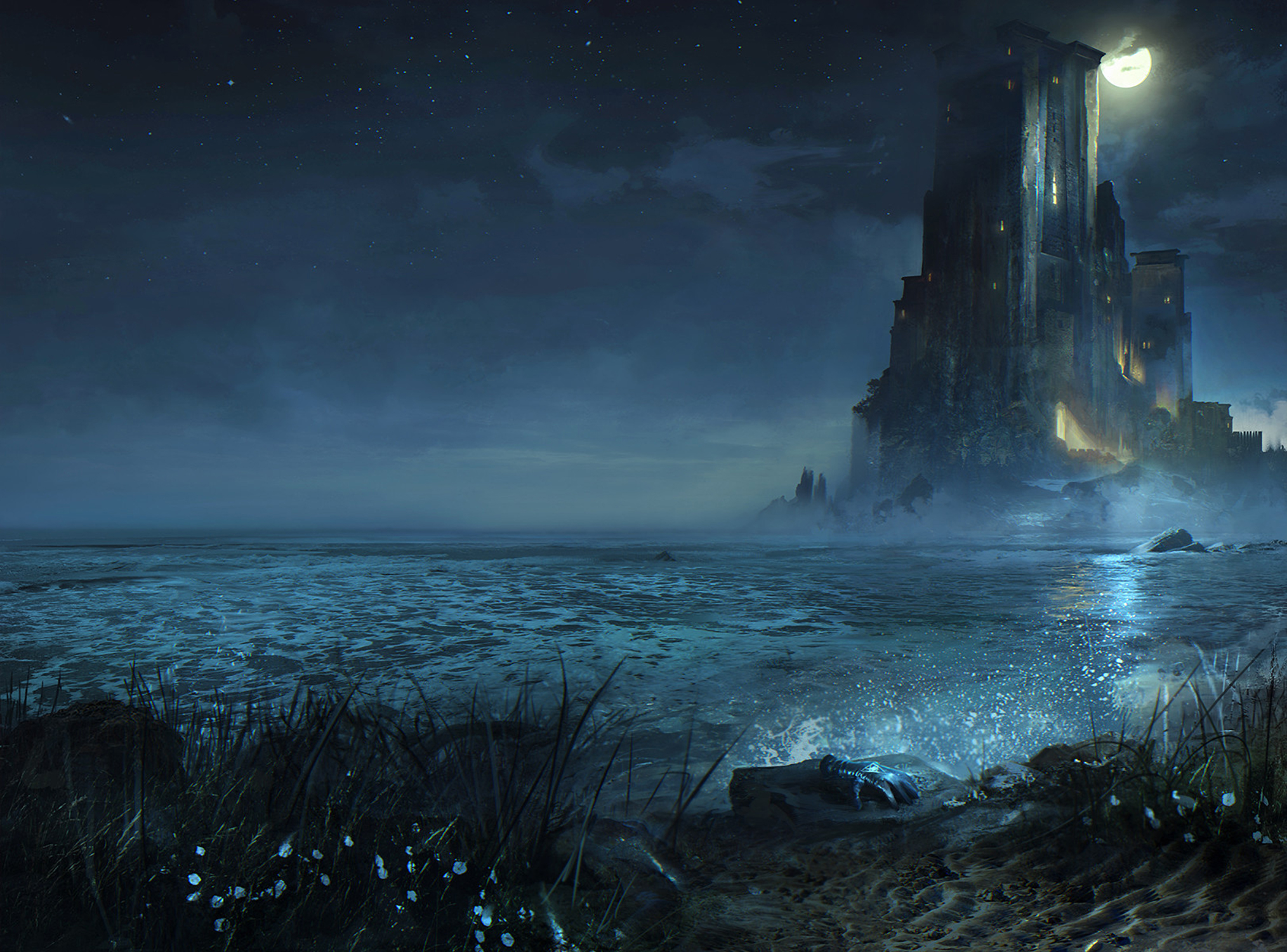 Free download wallpaper Fantasy, Sky, Night, Moon, Castles, Lake, Fog, Castle on your PC desktop