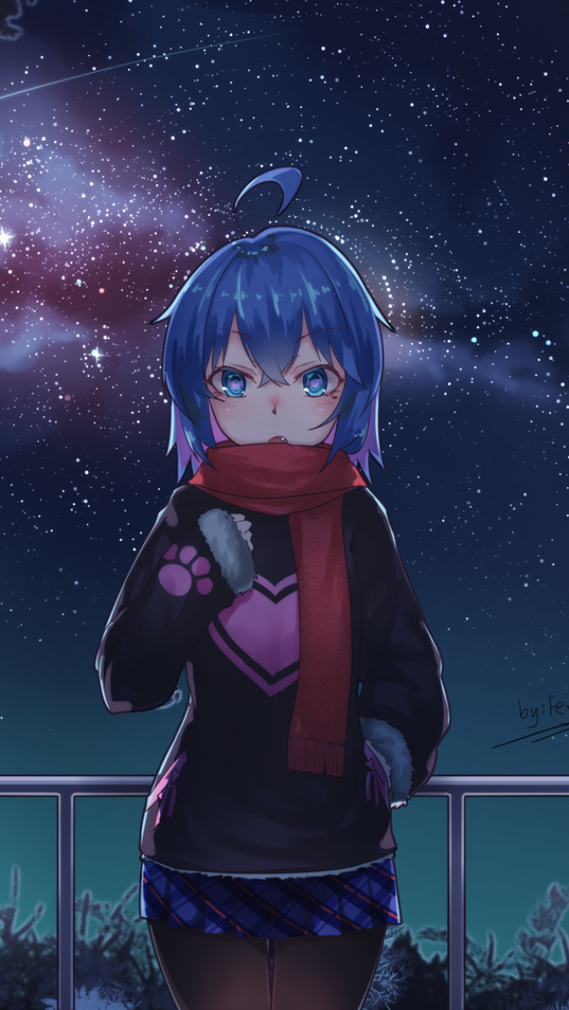 Download mobile wallpaper Anime, Stars, Night, Skirt, Blue Eyes, Original, Blue Hair for free.