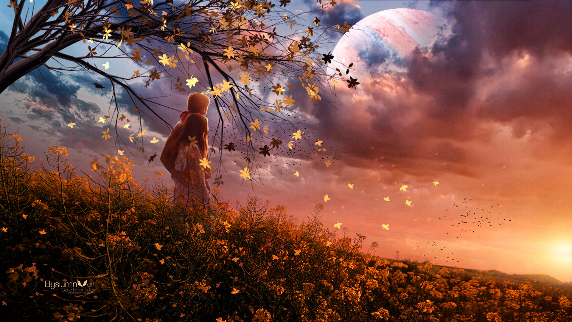 Free download wallpaper Sunset, Couple, Tree, Artistic, Romantic on your PC desktop