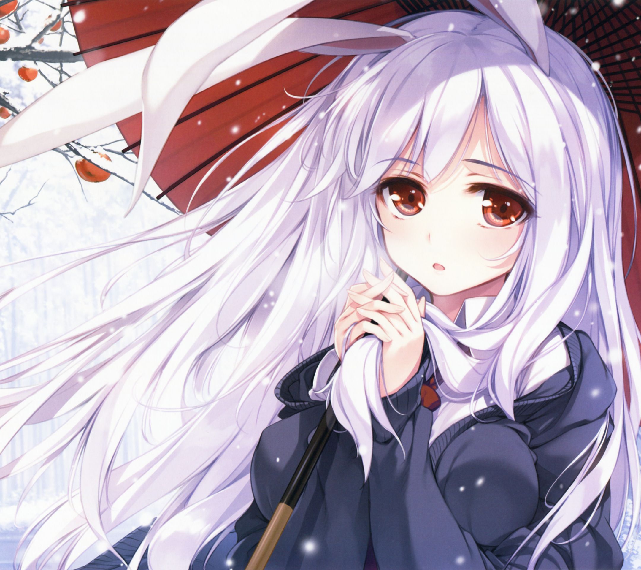 Free download wallpaper Anime, Snow, Umbrella, School Uniform, Red Eyes, Touhou, Long Hair, White Hair, Reisen Udongein Inaba, Animal Ears on your PC desktop