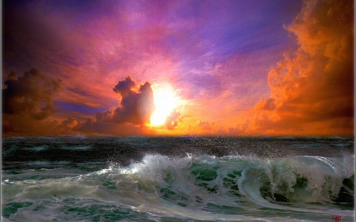 Скачать картинку Закат, Небо, Солнце, Облака, Океан, Волна, Пурпурный, Художественные в телефон бесплатно.