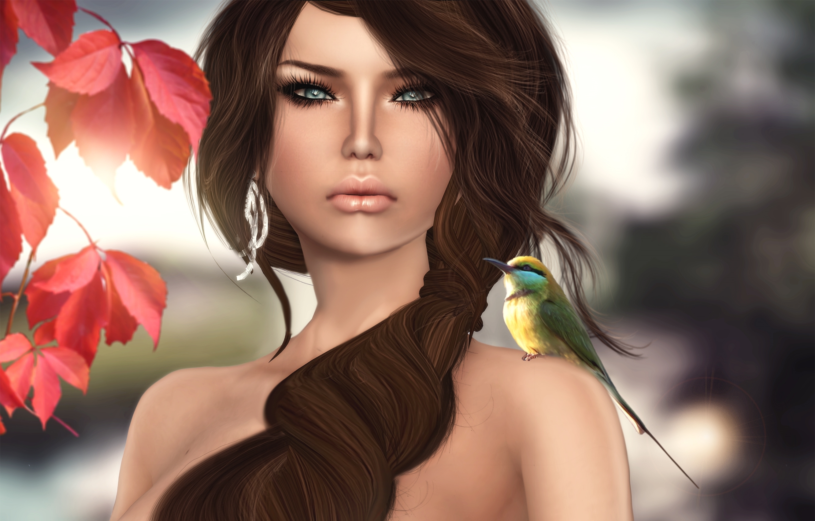 Download mobile wallpaper Fantasy, Bird, Leaf, Brunette, Women, Blue Eyes, Braid for free.