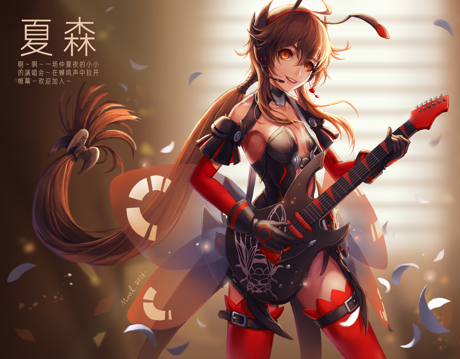 anime, vocaloid, brown hair, glove, guitar, headphones, long hair, smile, thigh highs, twintails, yuezheng ling