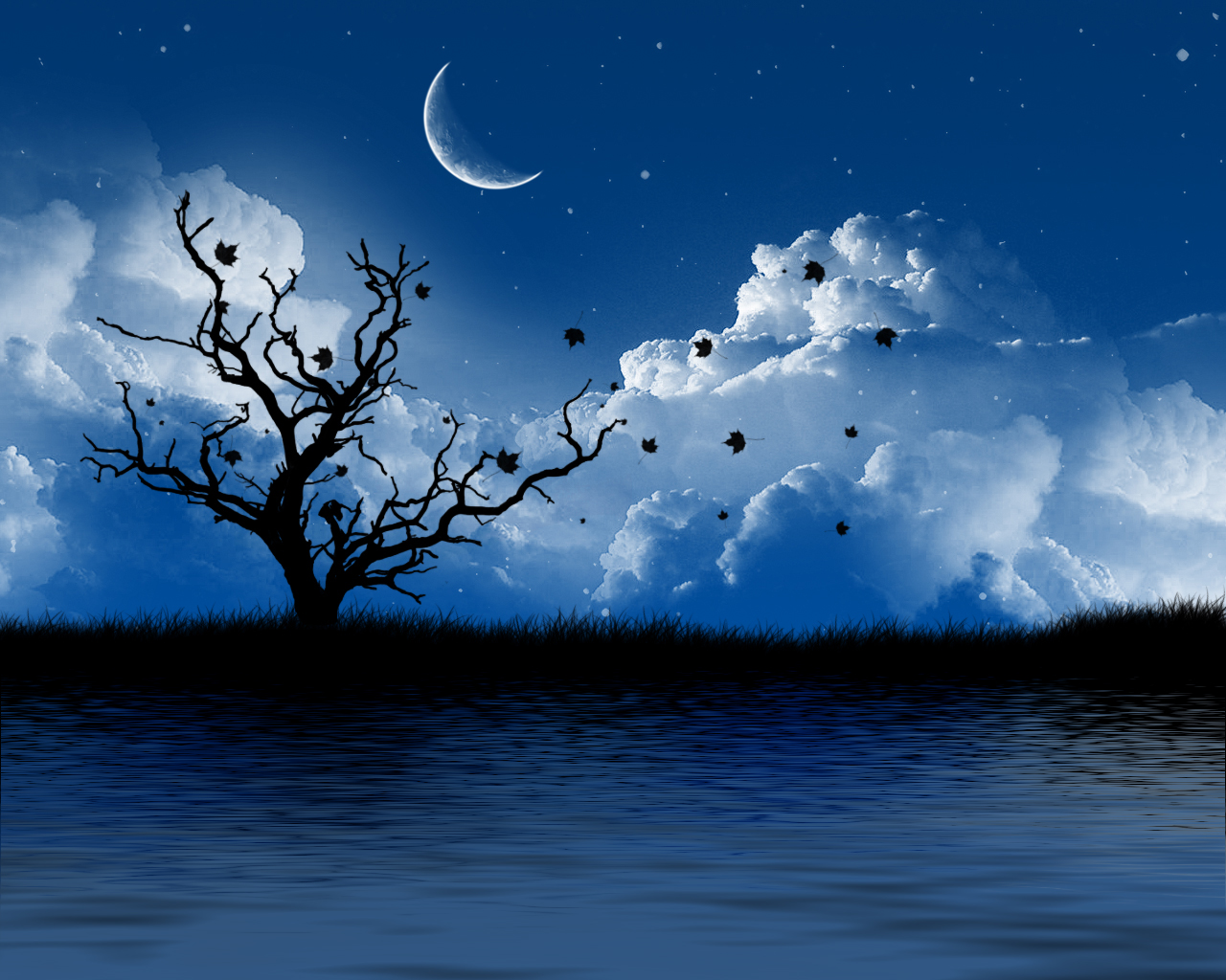Download mobile wallpaper Nature, Water, Moon, Tree, Artistic, Cloud for free.