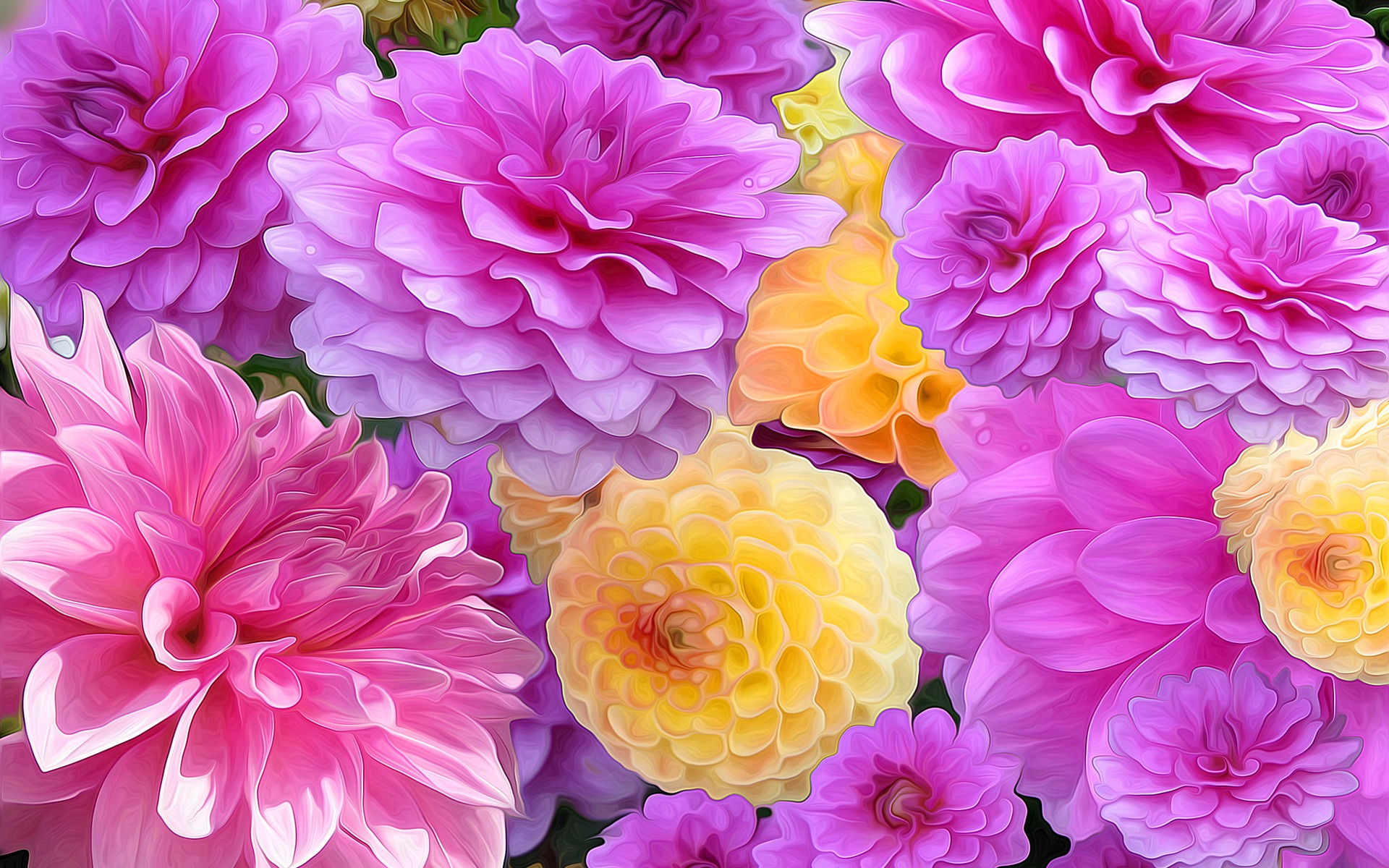 Laden Sie das Blume, Farben, Dahlien, Bunt, Malerei, Gelbe Blume, Künstlerisch, Pinke Blume-Bild kostenlos auf Ihren PC-Desktop herunter