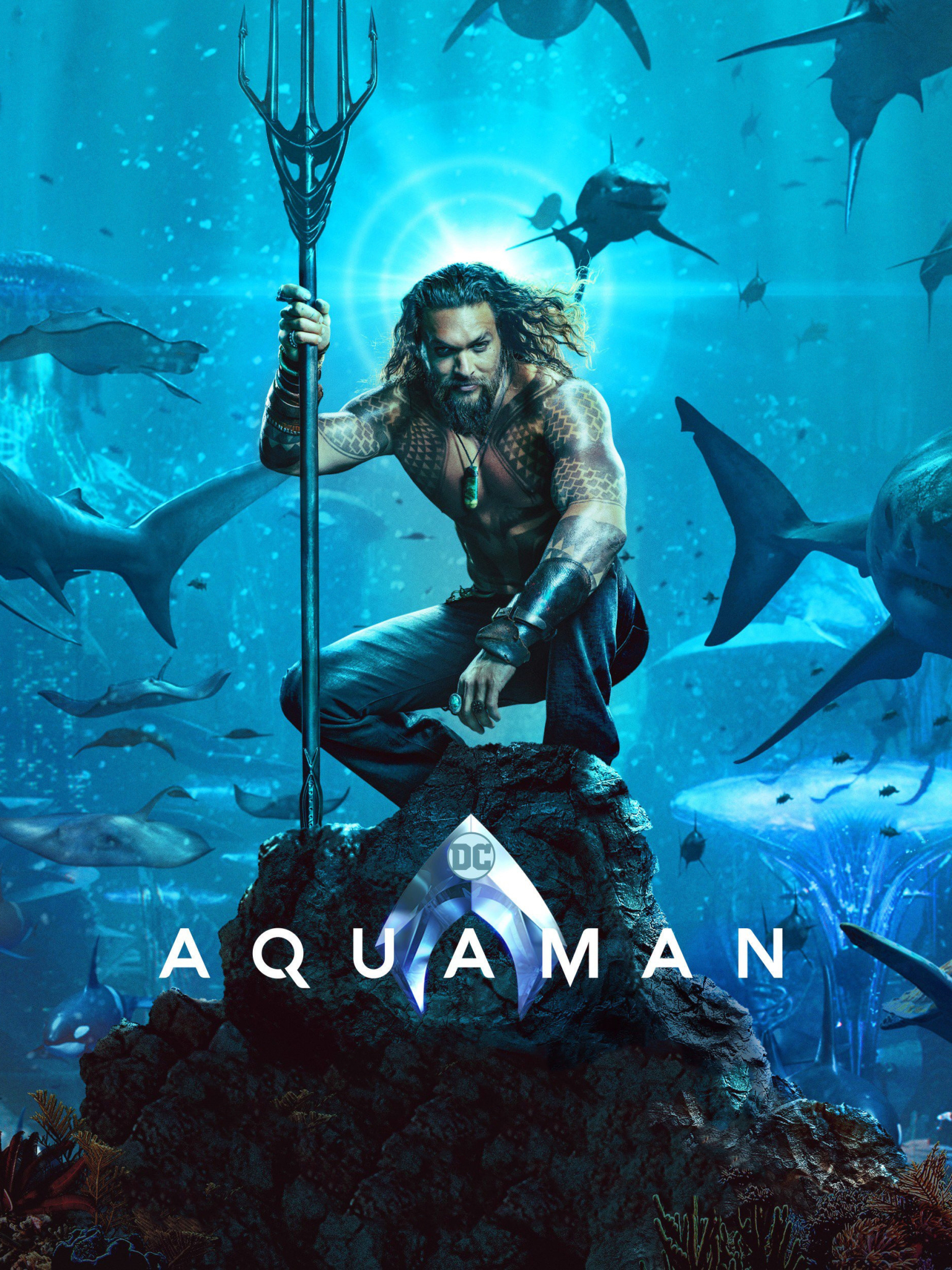 movie, aquaman, superhero, jason momoa, water, trident, dc comics, great white shark, arthur curry, ocean HD wallpaper
