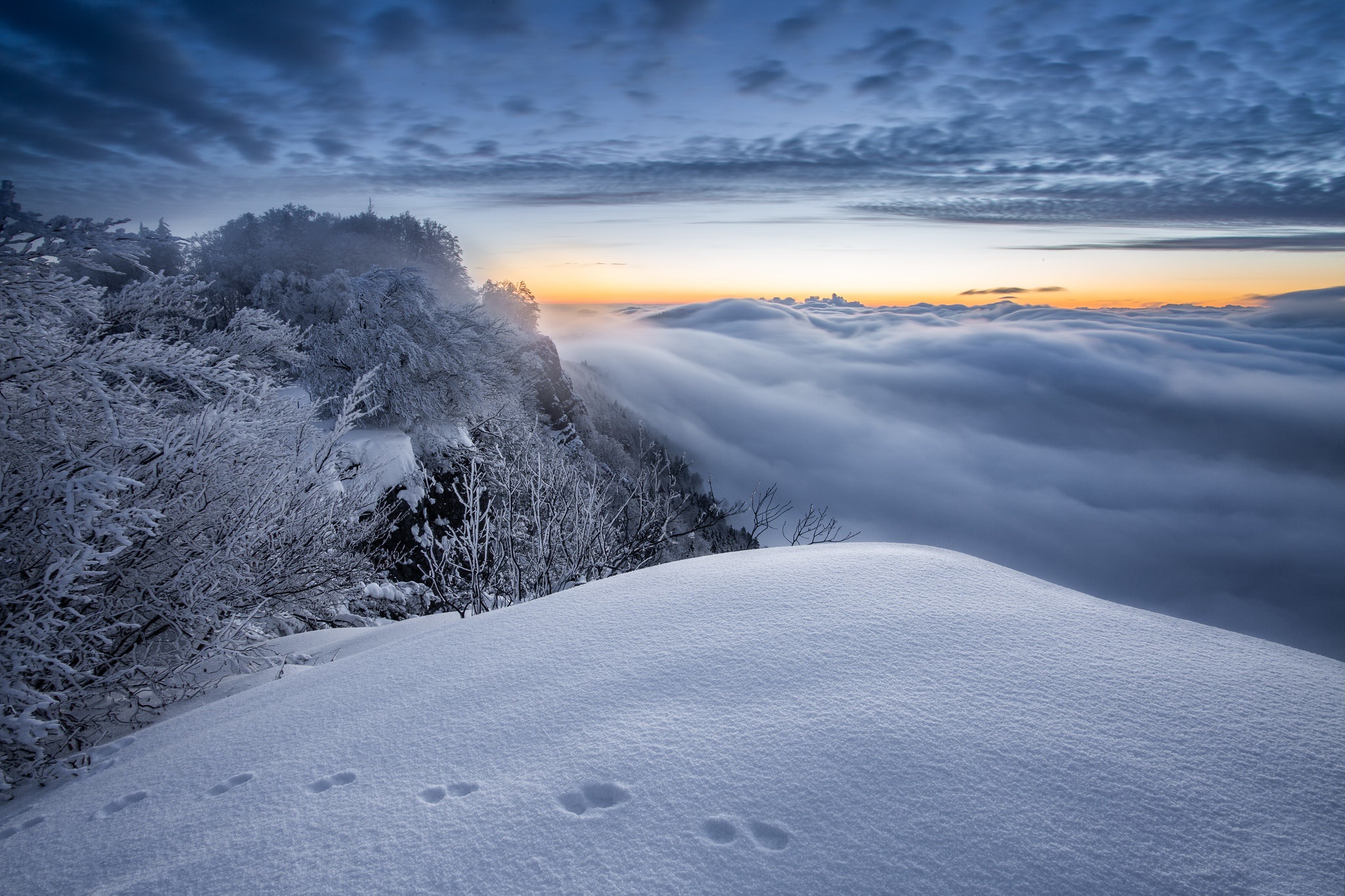 Descarga gratis la imagen Invierno, Horizonte, Montaña, Niebla, Atardecer, Tierra/naturaleza en el escritorio de tu PC