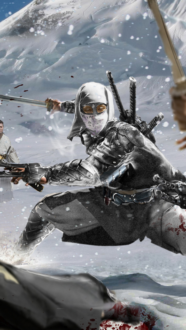 Download mobile wallpaper Fantasy, Warrior, Snowfall, Katana, Ninja for free.