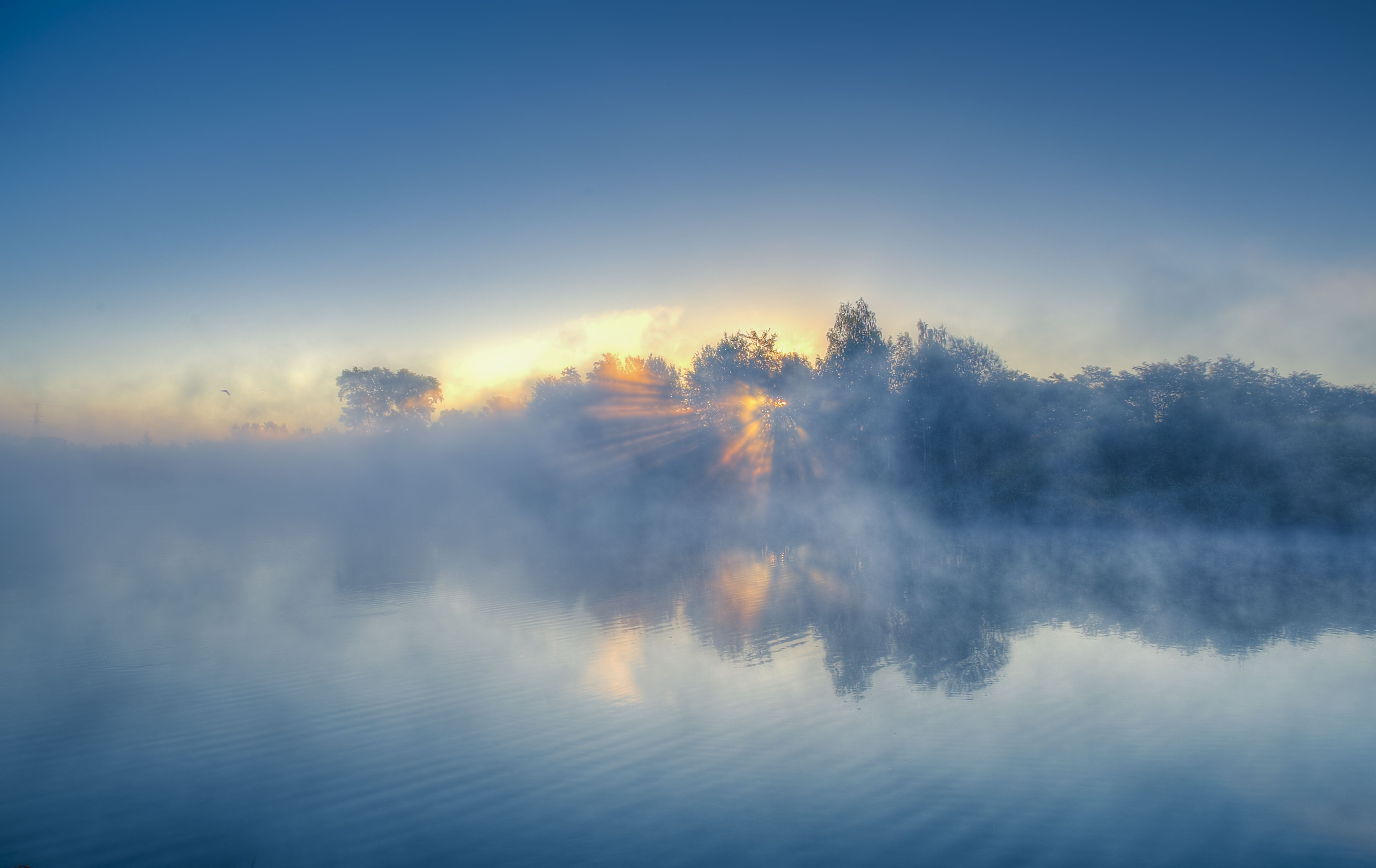 Download mobile wallpaper Fog, Sunrise, Earth, River for free.