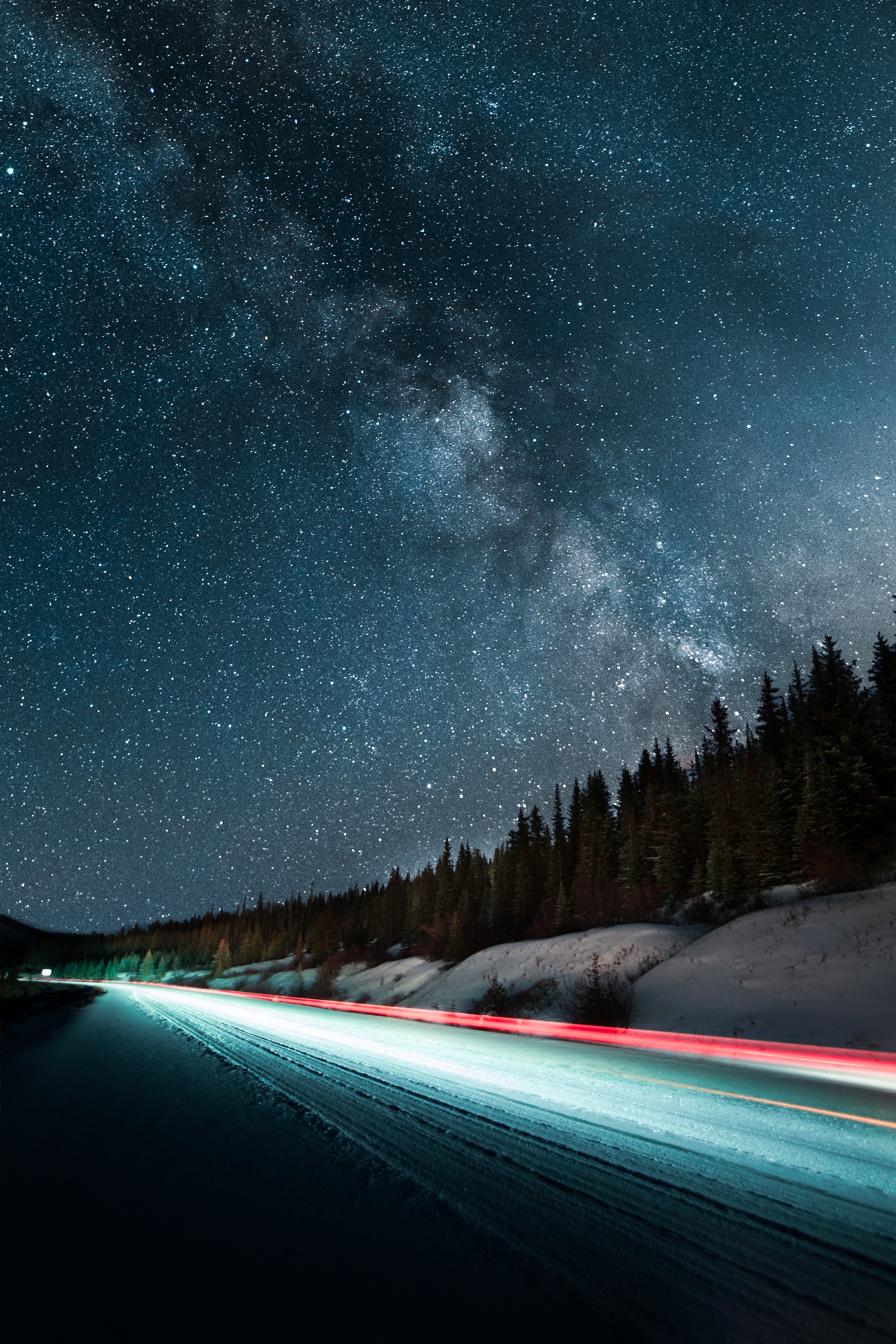 road, nature, stars, night, starry sky, long term exposure cellphone