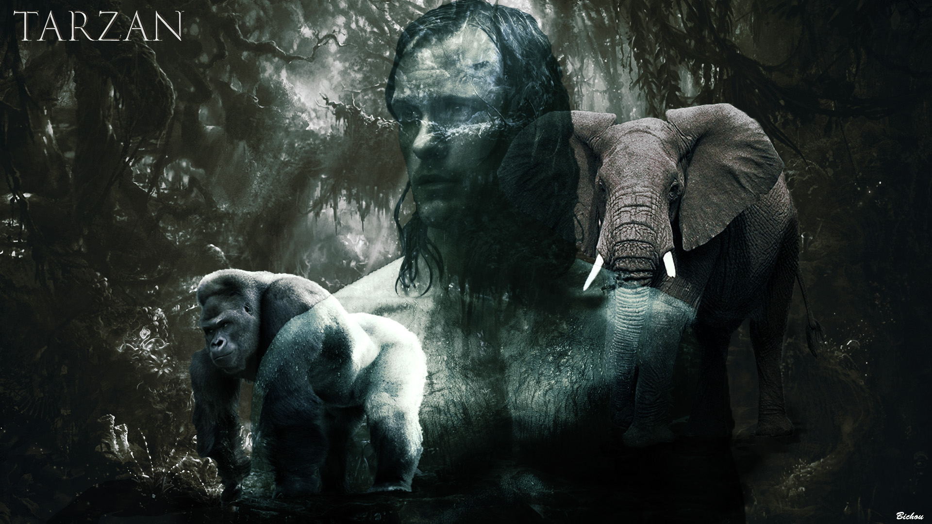 809774 скачать обои слон, кино, тарзан легенда, горилла, тарзан - заставки и картинки бесплатно