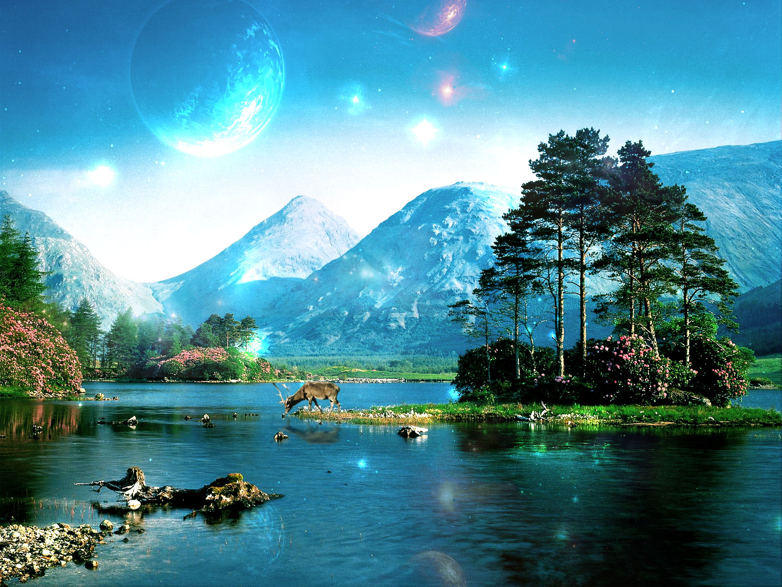 Free download wallpaper Fantasy, Mountain, Lake, Tree, Planet, Deer, Artistic on your PC desktop