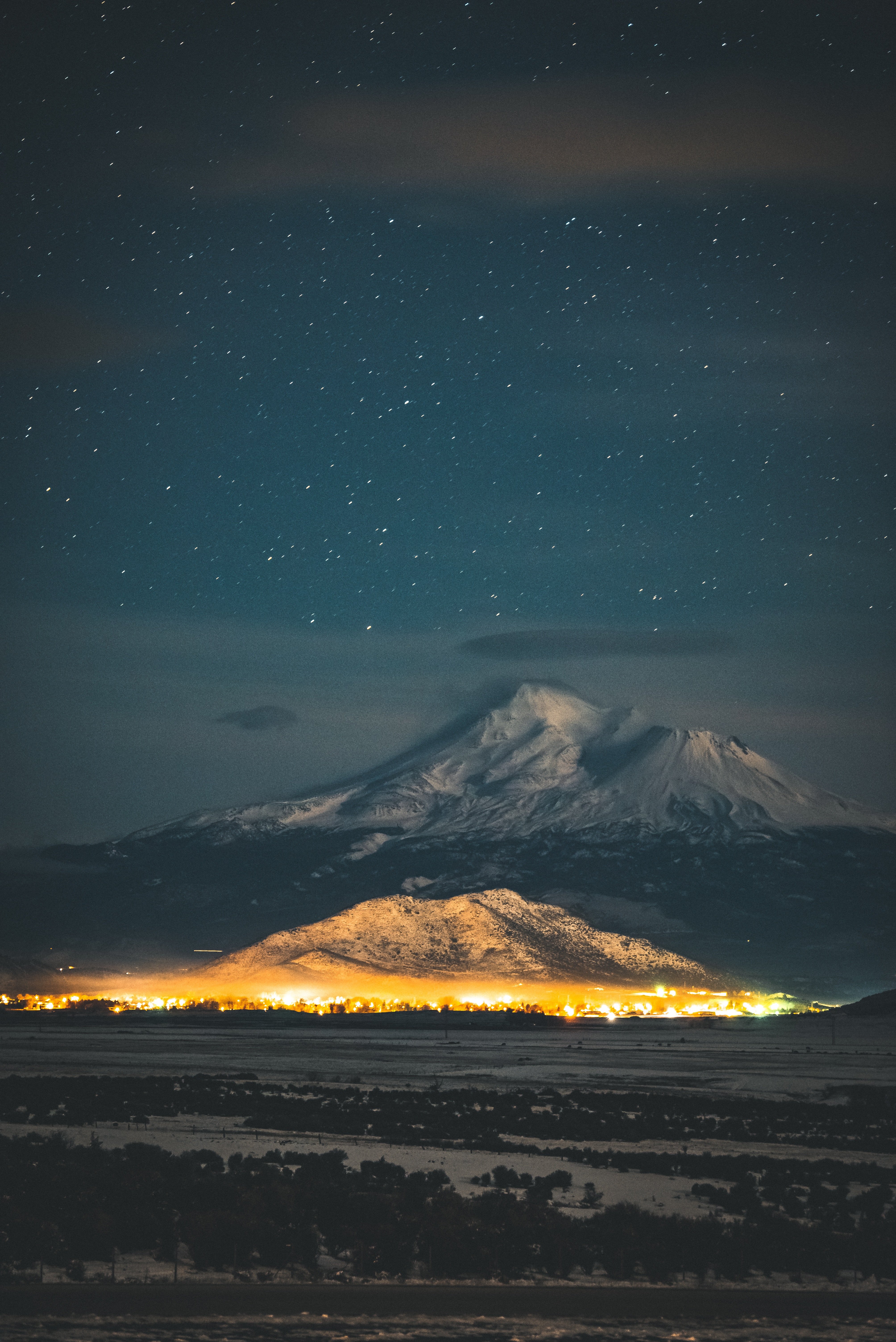 nature, night, mountain, starry sky, snow covered, snowbound Desktop home screen Wallpaper