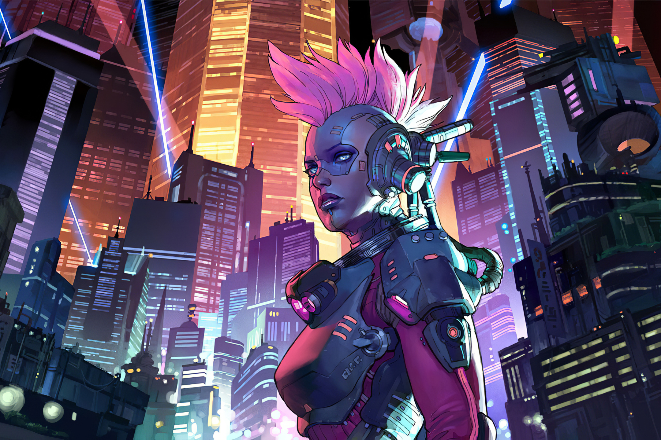 Laden Sie das Stadt, Gebäude, Cyberpunk, Science Fiction, Cyborg, Futuristisch, Pinkes Haar, Großstadt-Bild kostenlos auf Ihren PC-Desktop herunter