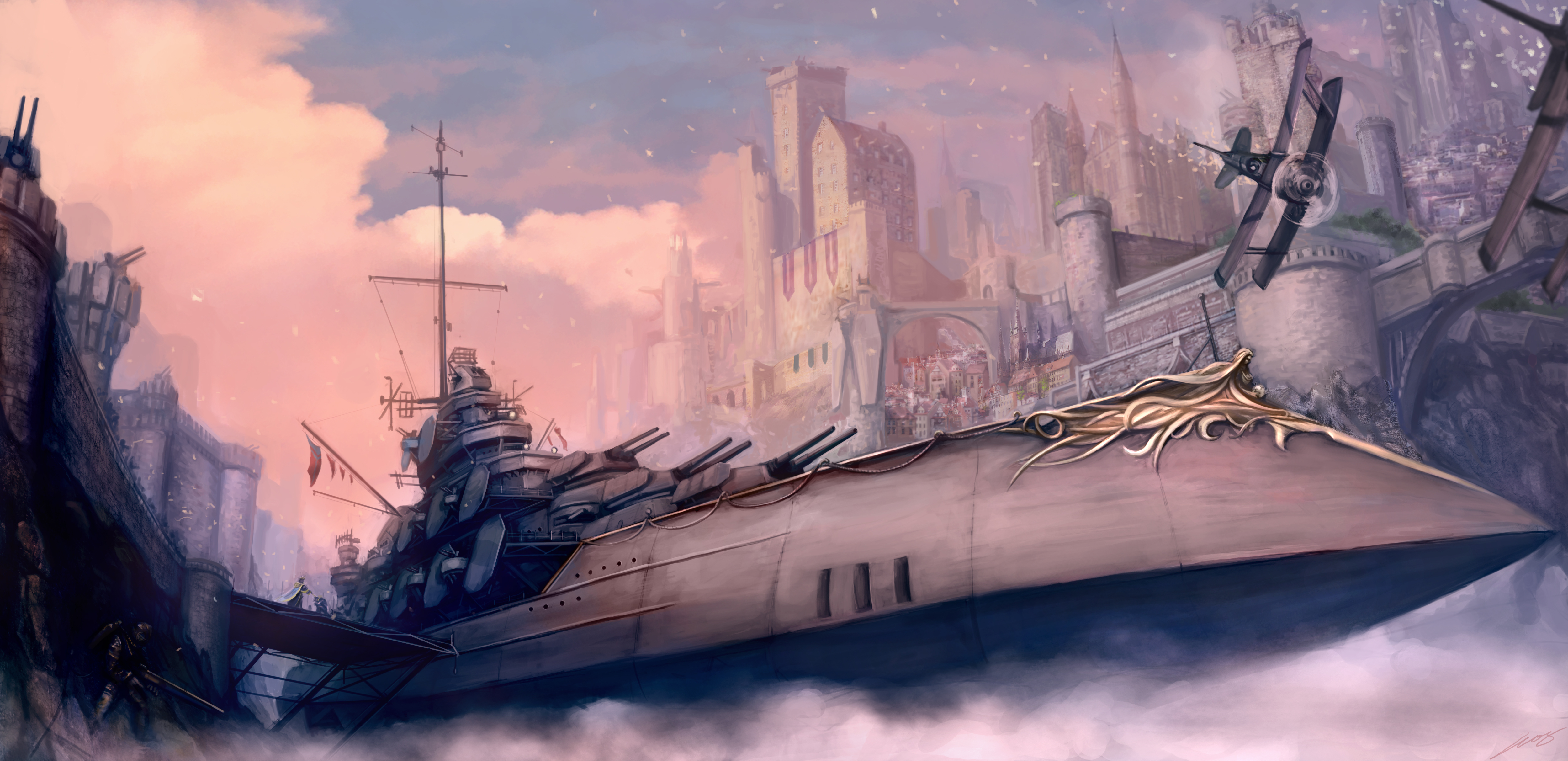 sci fi, steampunk, city, warship