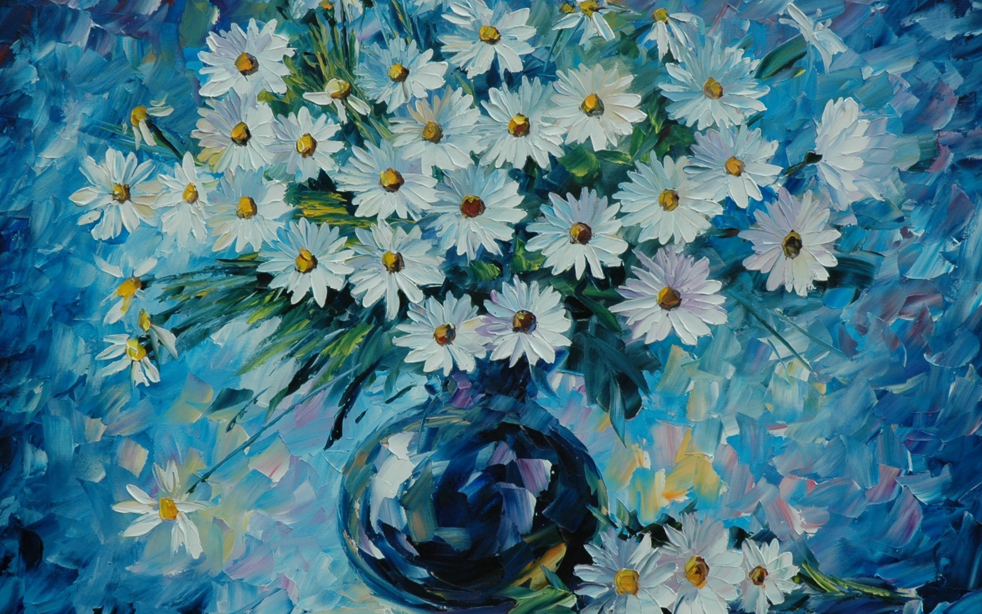 無料モバイル壁紙花, 青い, 花瓶, ペインティング, 芸術的, デイジー, 白い花をダウンロードします。