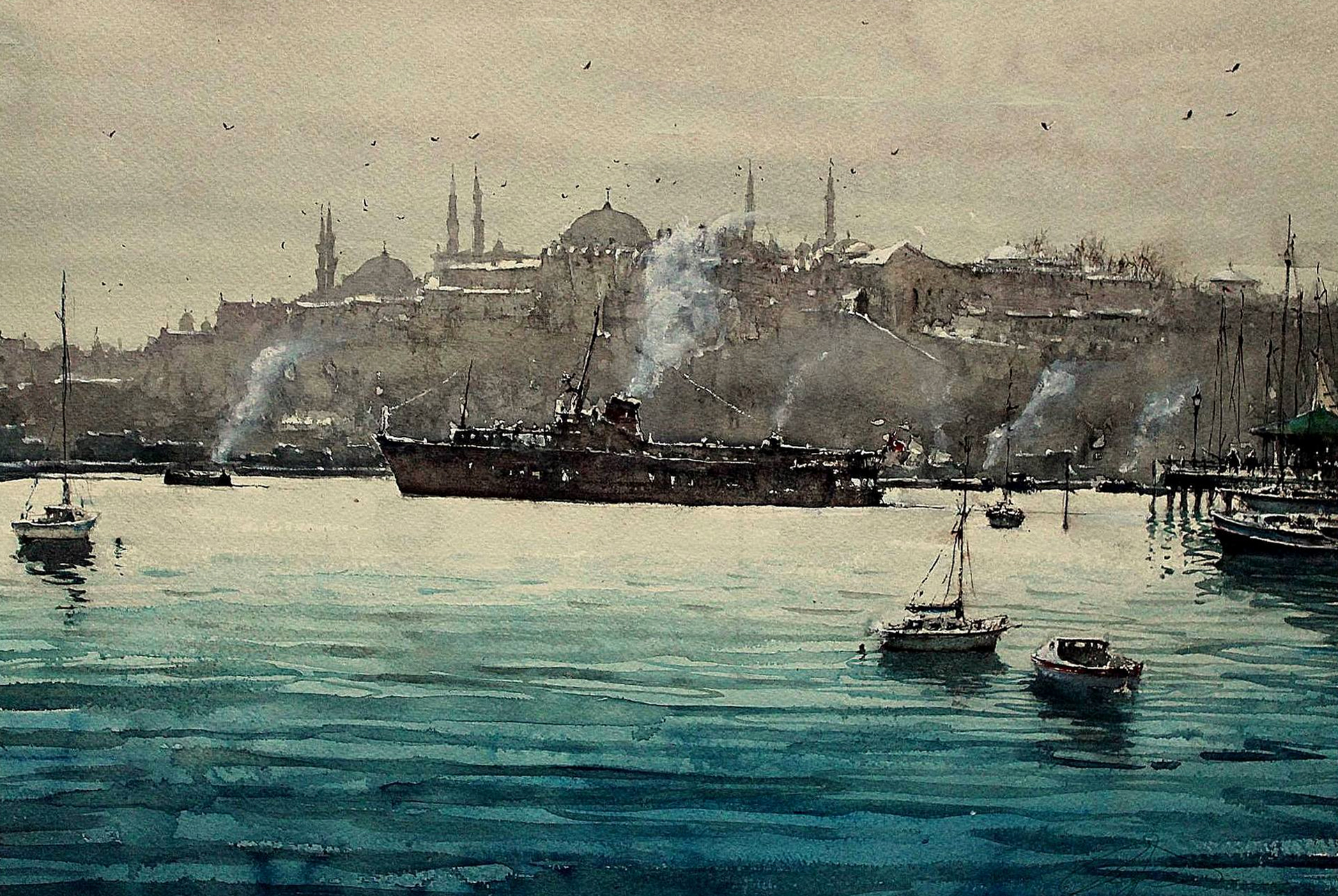 Download mobile wallpaper Boat, Painting, Artistic, Istanbul for free.