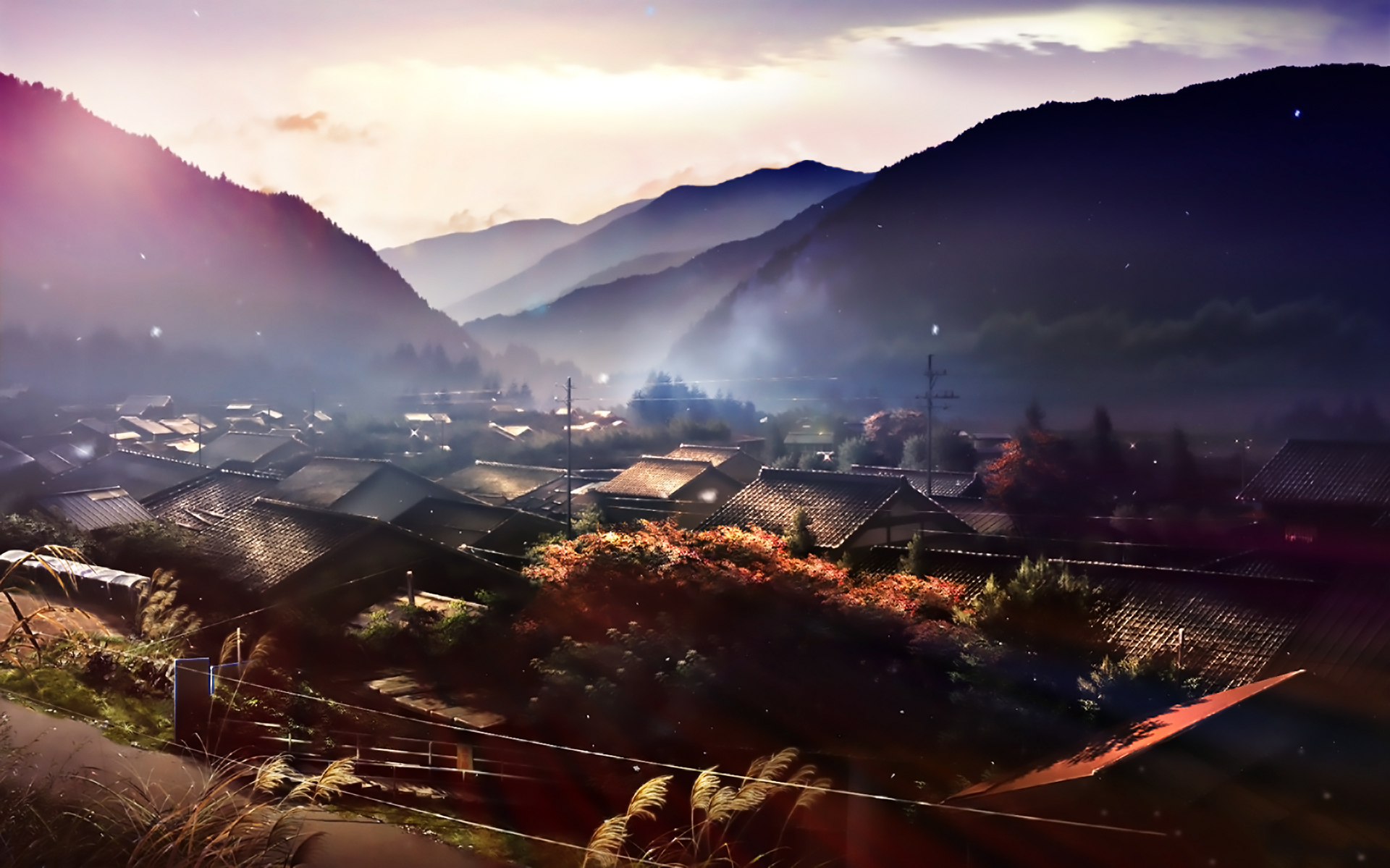 Laden Sie das Haus, Dorf, Gebirge, Original, Animes, Sonnenschein-Bild kostenlos auf Ihren PC-Desktop herunter