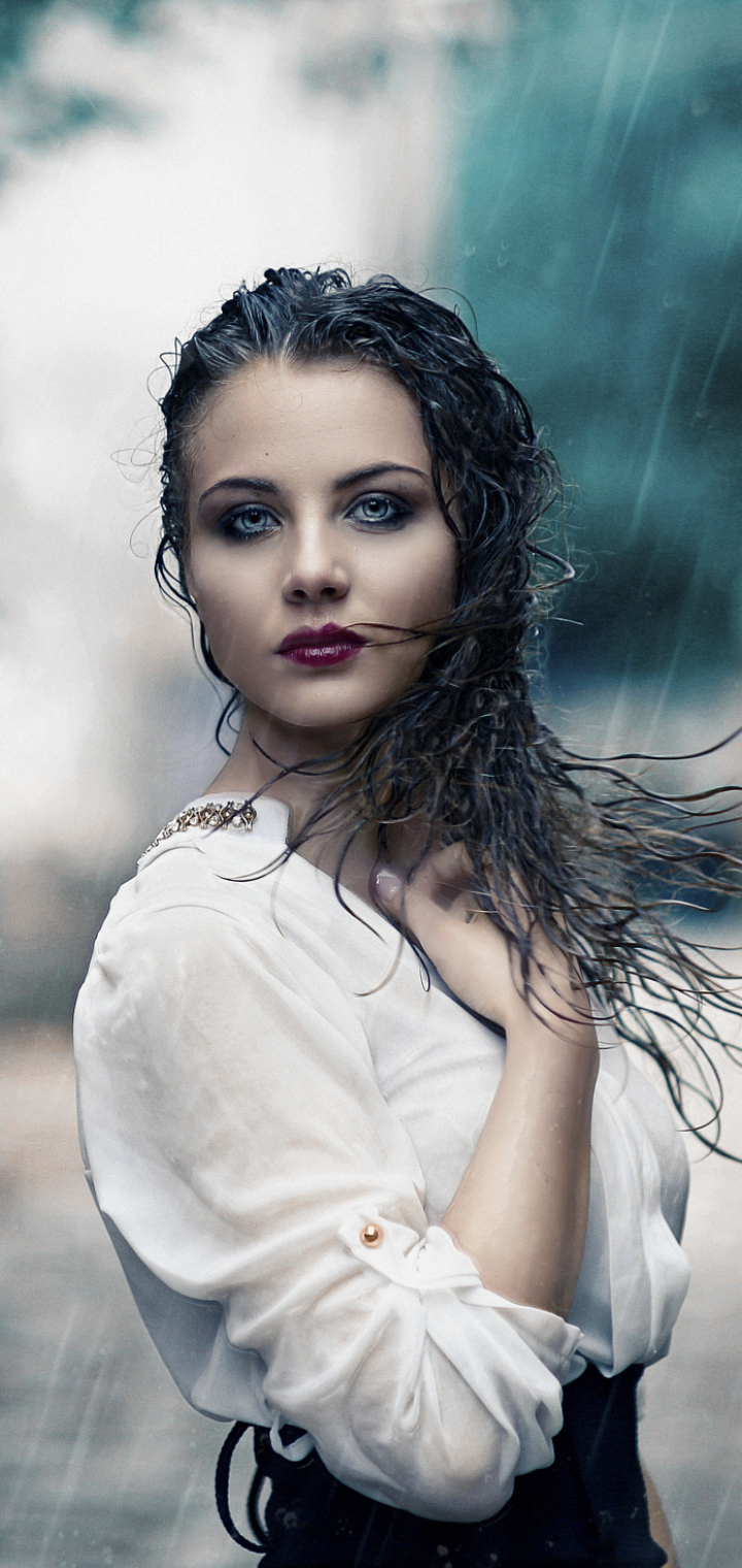 Download mobile wallpaper Rain, Mood, Brunette, Model, Women, Blue Eyes, Lipstick for free.