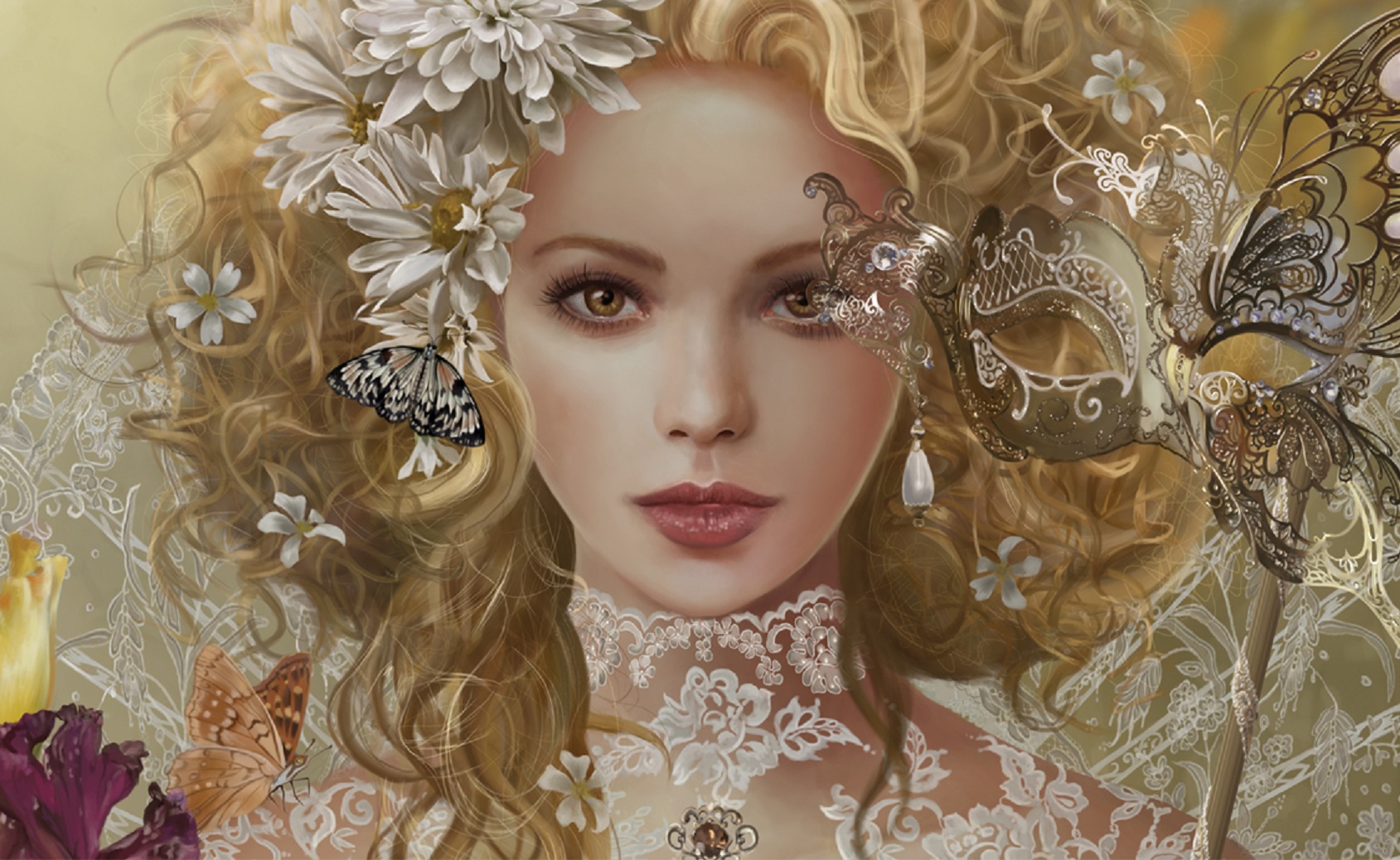 Free download wallpaper Fantasy, Flower, Butterfly, Blonde, Women, Brown Eyes on your PC desktop