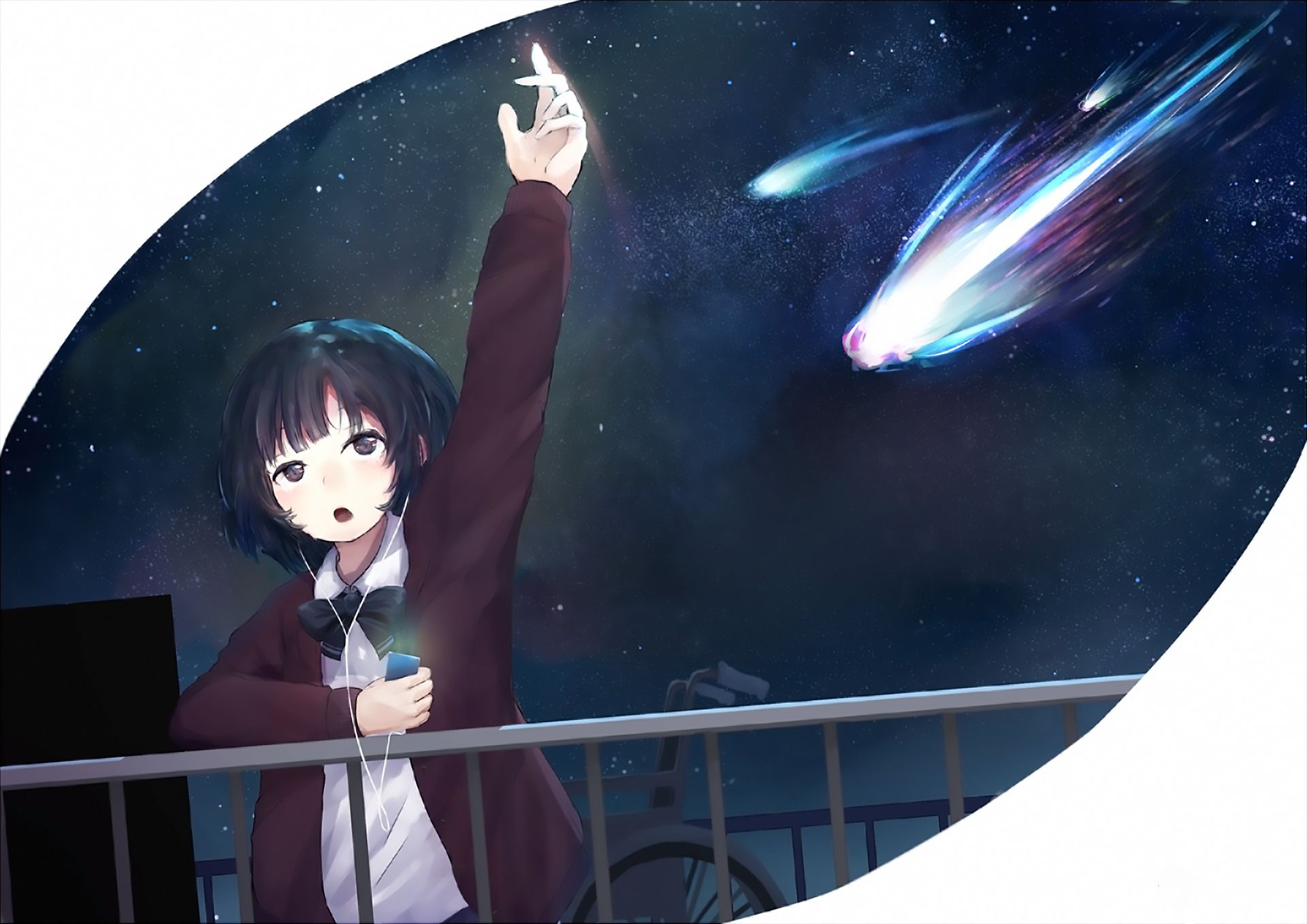 anime, original, headphones, meteor, night, phone, school uniform, short hair