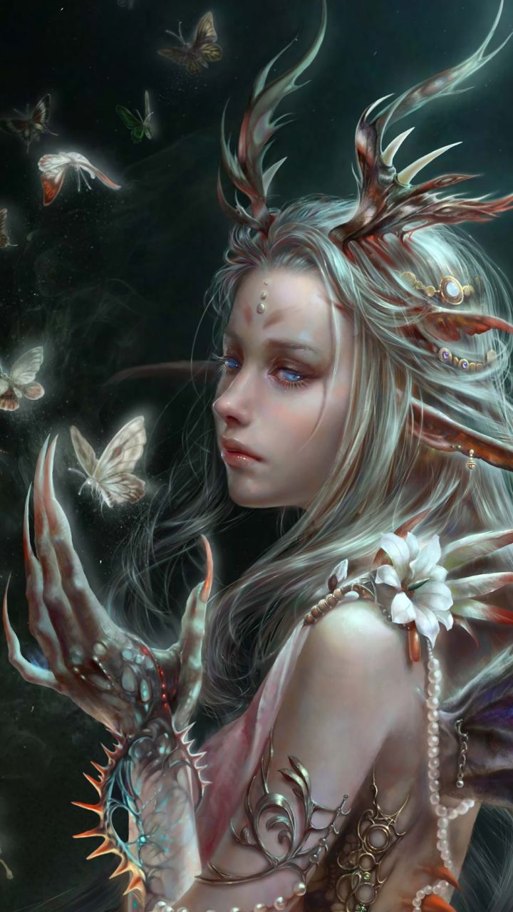 Download mobile wallpaper Fantasy, Butterfly, Claws, Horns, Women, Blue Eyes for free.