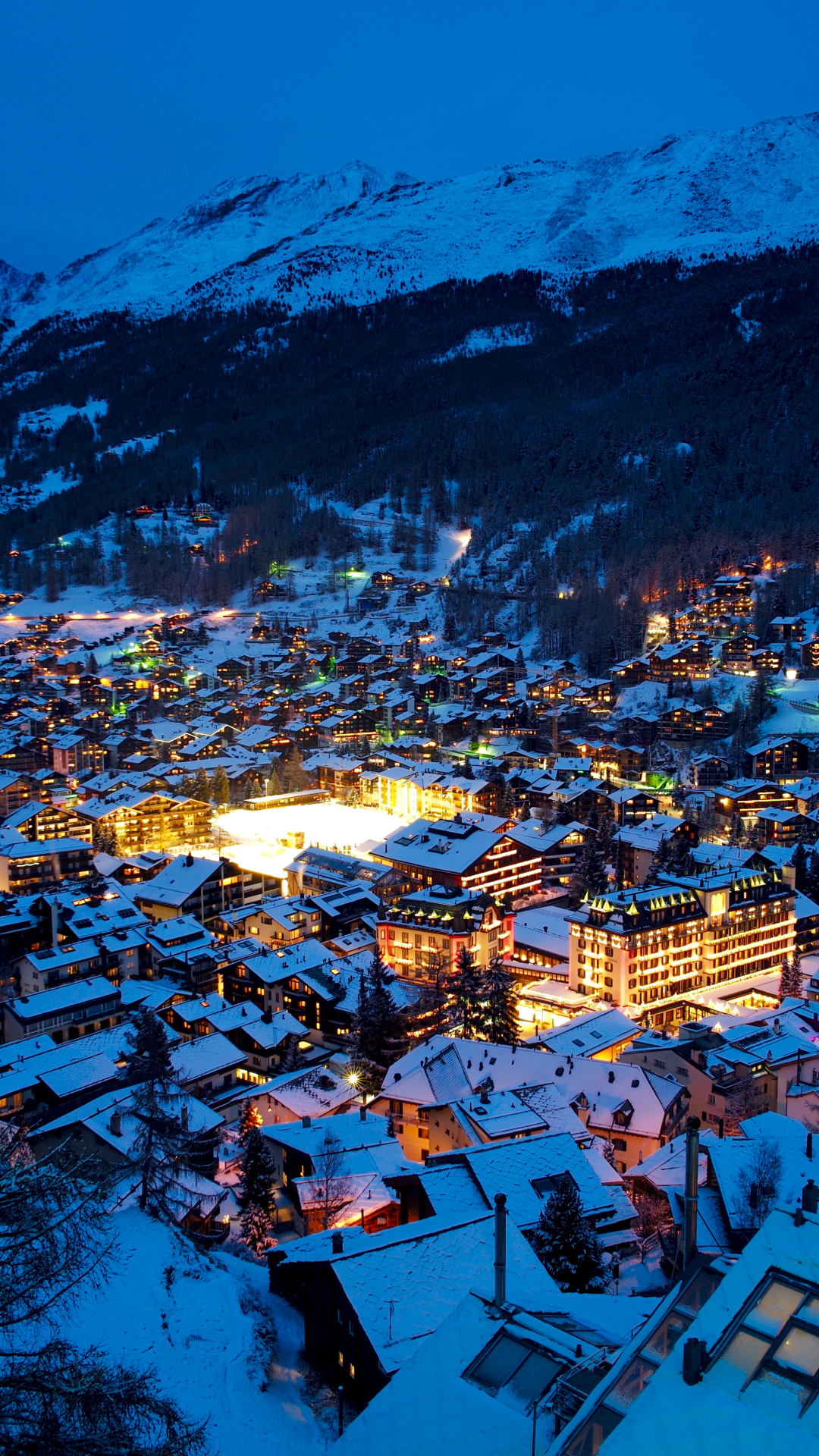 Download mobile wallpaper Winter, Night, Snow, Light, Alps, Switzerland, Cityscape, Valley, Town, Zermatt, Man Made, Towns for free.