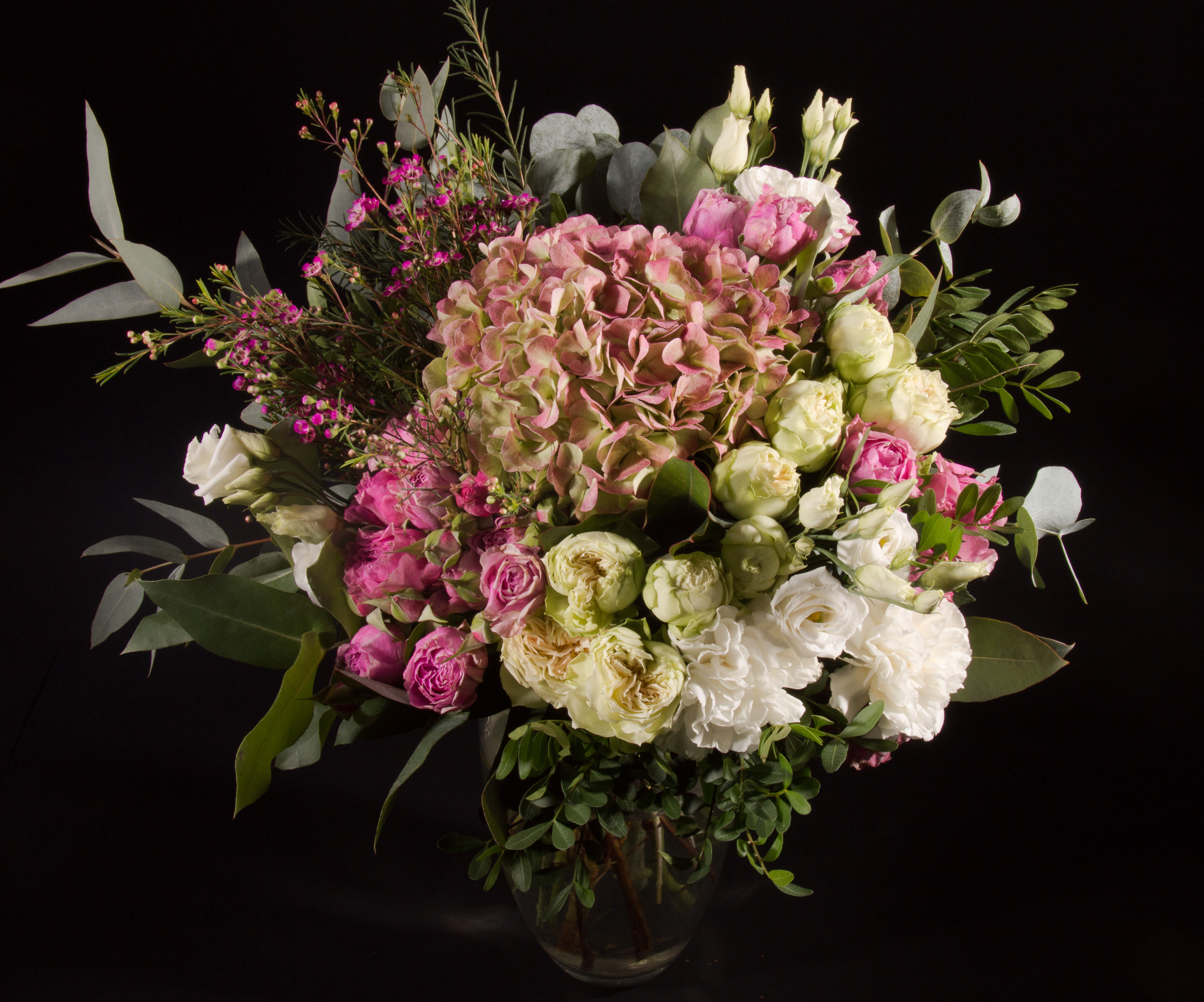 Download mobile wallpaper Flower, Leaf, Vase, Hydrangea, Peony, Man Made, Ranuncula for free.