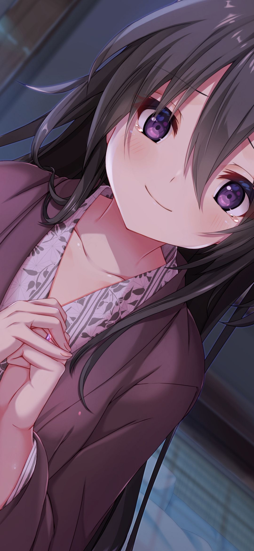 Download mobile wallpaper Anime, Girl, Black Hair, Purple Eyes, Yukata for free.