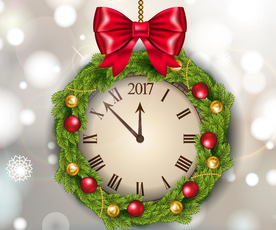 Скачать картинку Часы, Новый Год, Праздник, Венок, Праздничные, Праздничный День, Новый Год 2017 в телефон бесплатно.