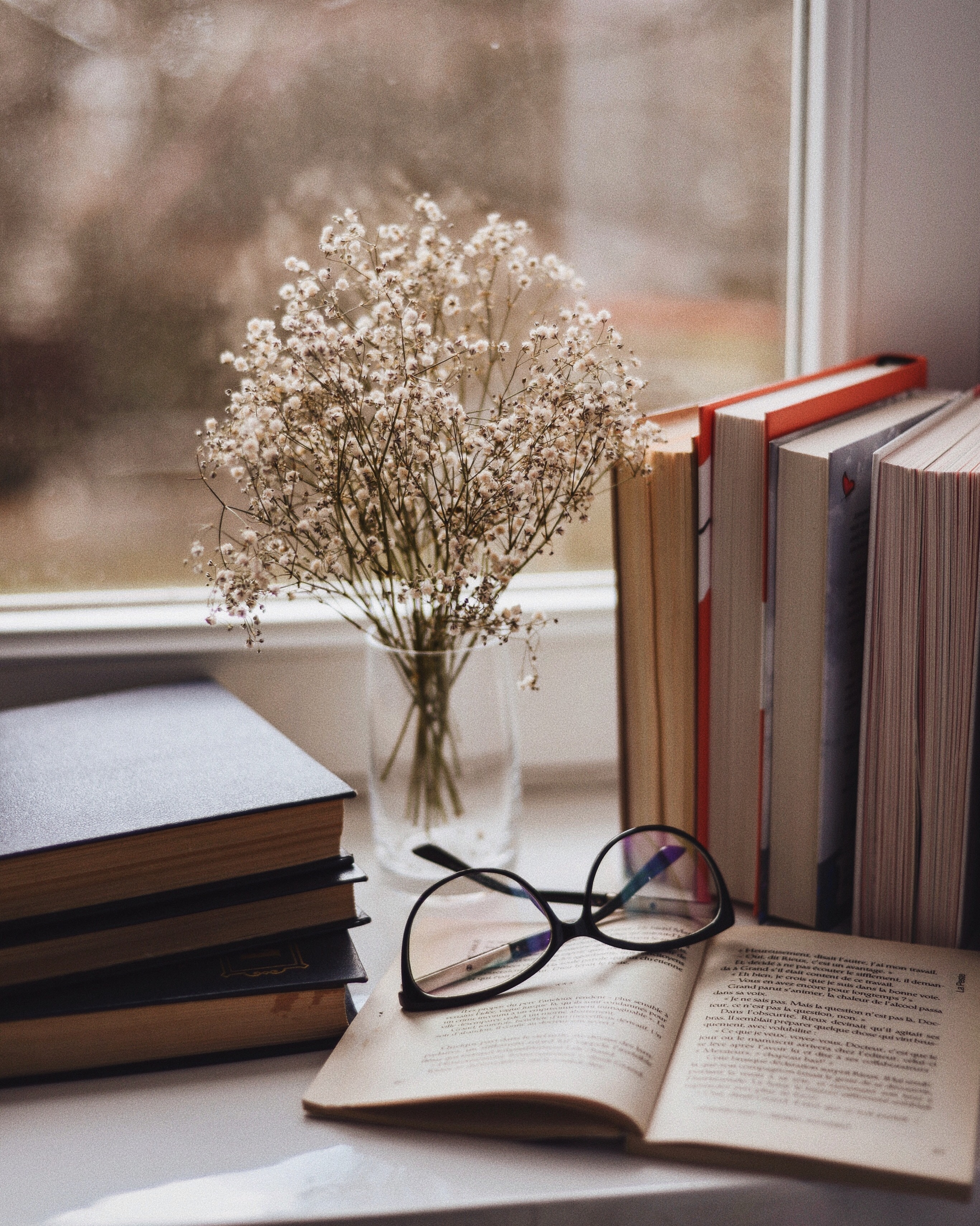 books, glasses, spectacles, flowers, miscellanea, miscellaneous, window, vase, window sill, windowsill