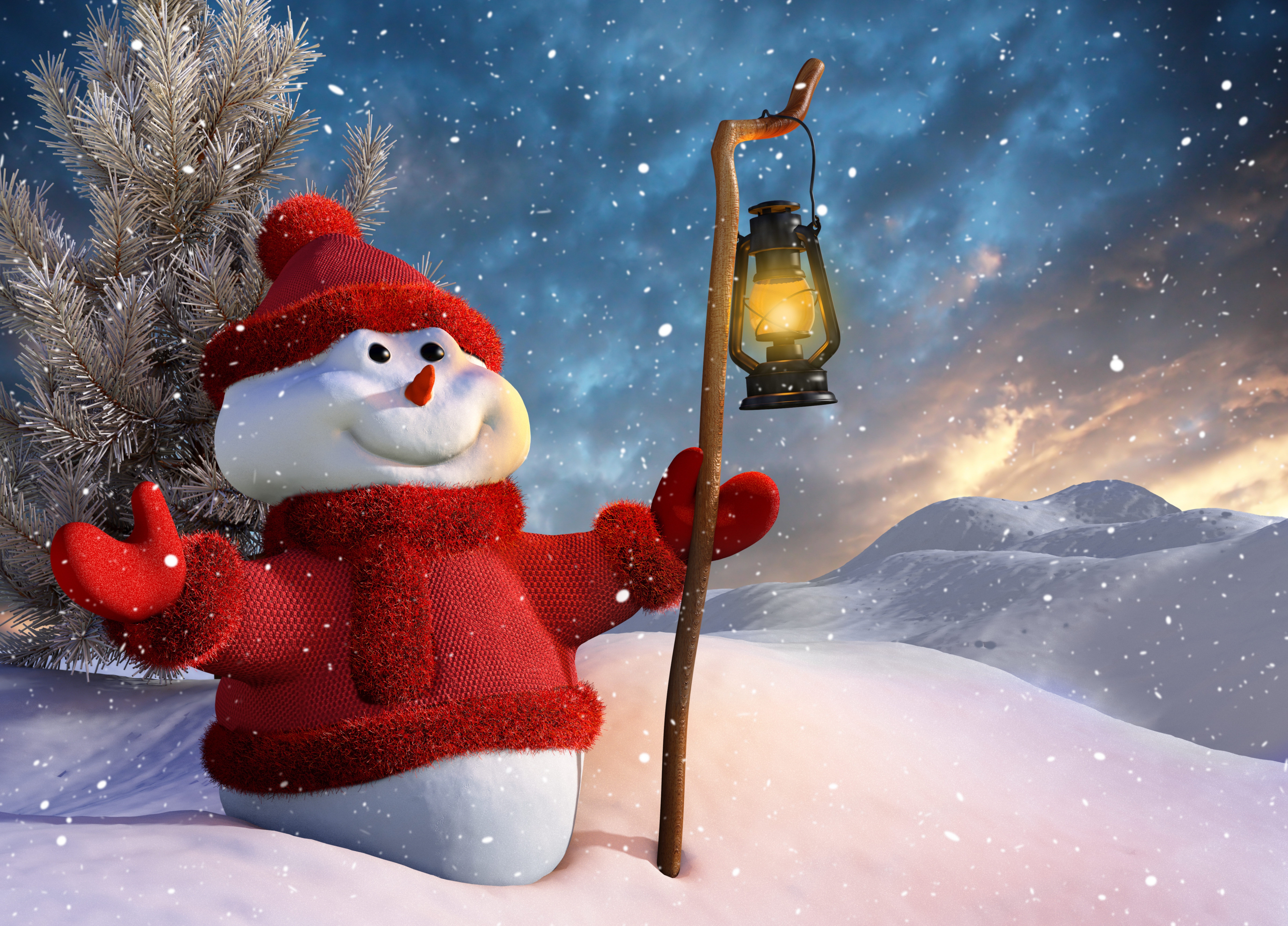 Free download wallpaper 3D Graphics, Snowman, Fir, Christmas Tree, Staff, Holidays, Mountains, Snow, Lamp, Winter, Lantern on your PC desktop