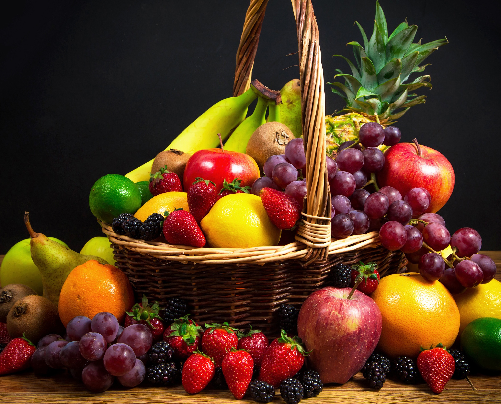 Download mobile wallpaper Fruits, Food, Strawberry, Apple, Grapes, Blackberry, Fruit, Basket for free.