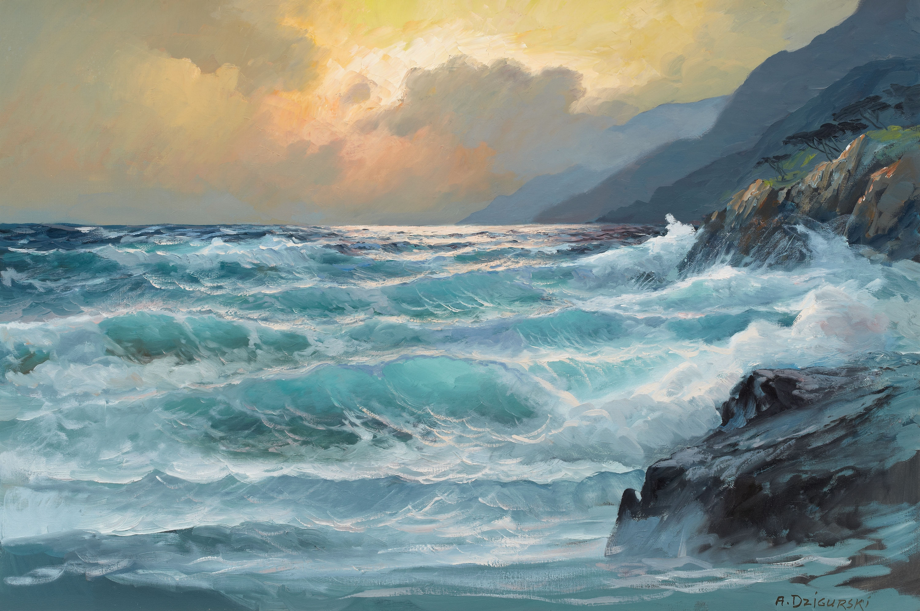 painting, coast, sunset, artistic, nature, earth, ocean, sea, wave 1080p
