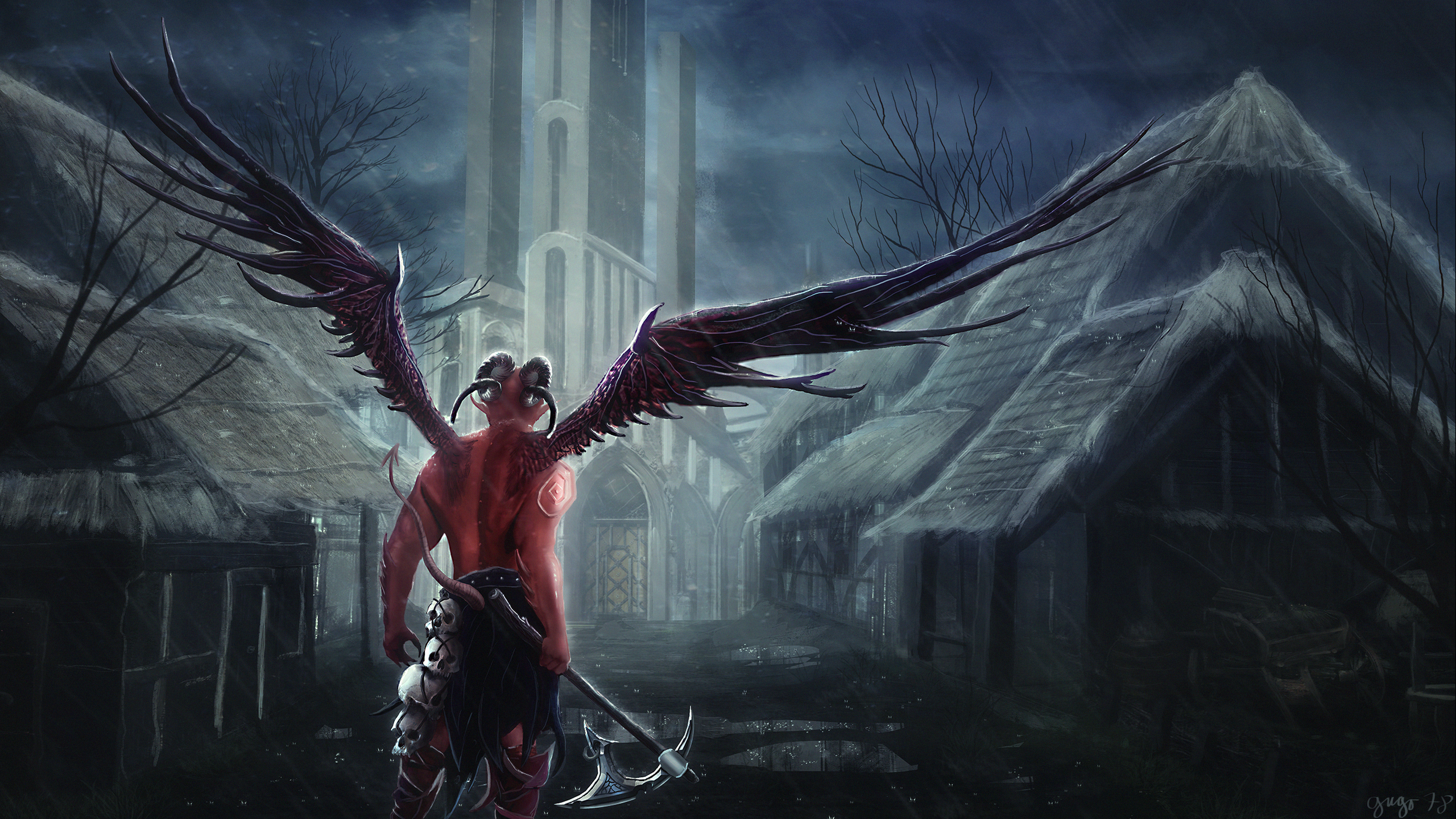 Free download wallpaper Fantasy, Night, Weapon, Wings, Tail, Horns, Demon, Town on your PC desktop