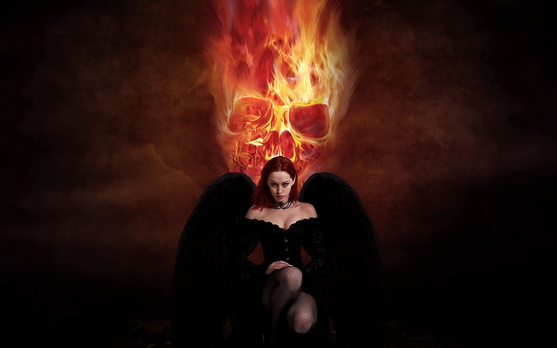 Free download wallpaper Fire, Gothic, Dark, Wings, Angel, Skull on your PC desktop