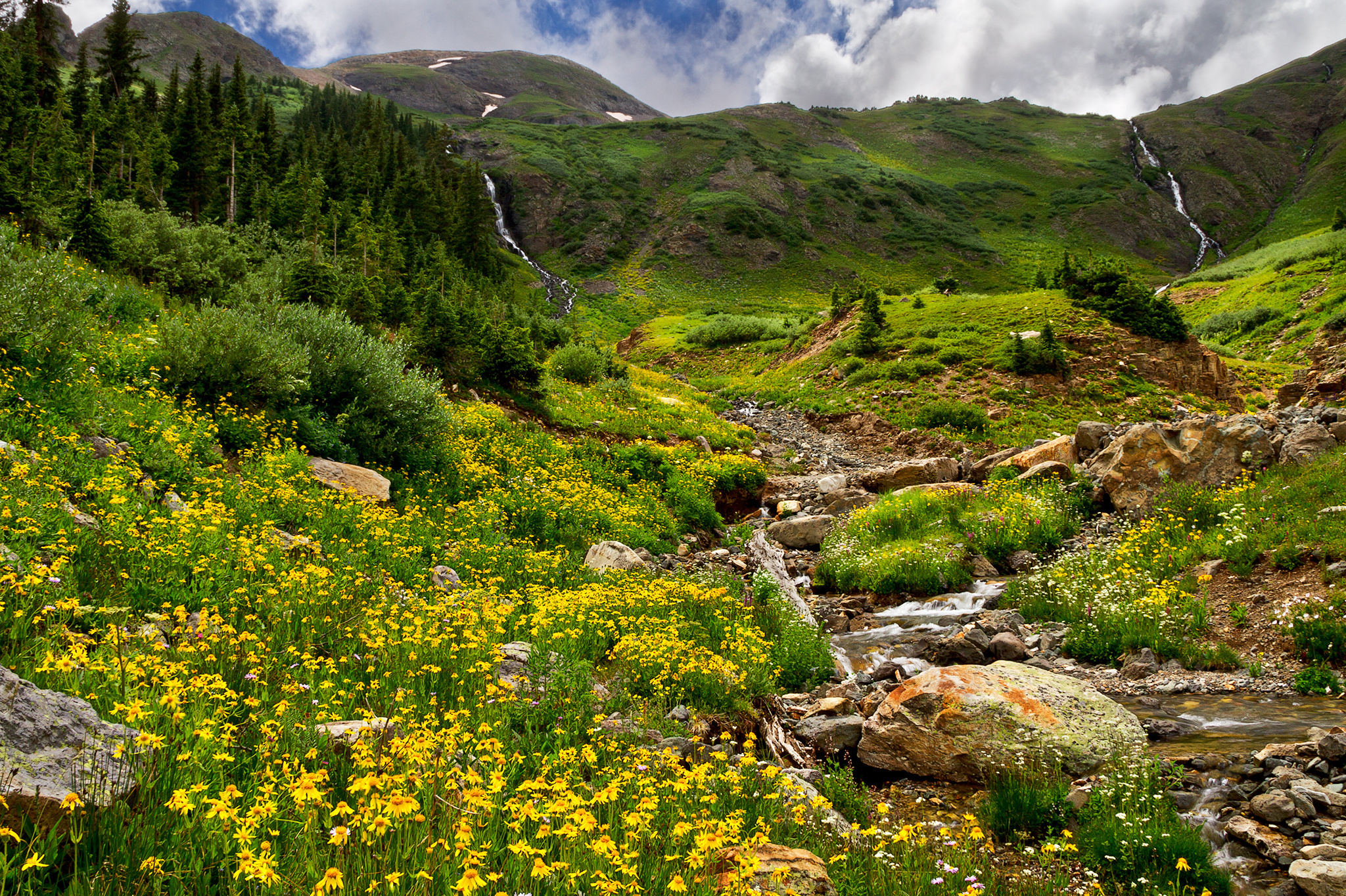Download mobile wallpaper Landscape, Mountain, Flower, Earth, Stream, Meadow for free.