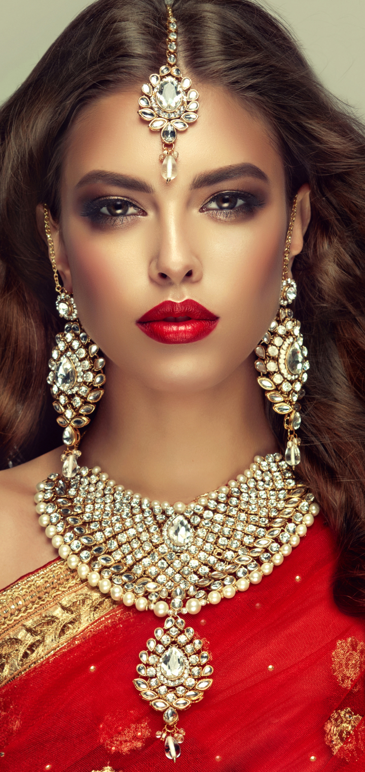 Download mobile wallpaper Jewelry, Brunette, Model, Women, Earrings, Necklace, Brown Eyes, Long Hair, Lipstick for free.
