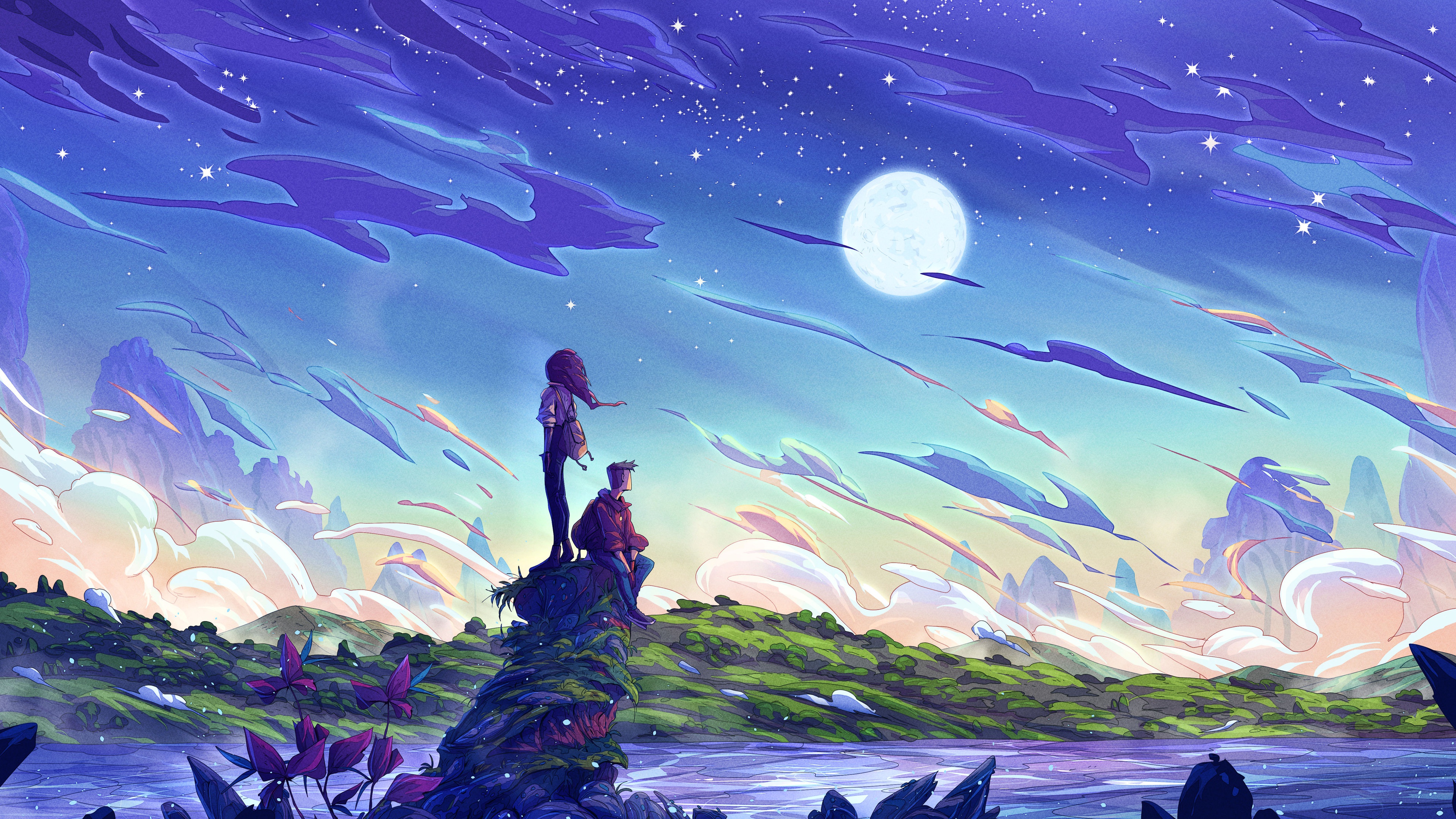 Download mobile wallpaper Landscape, People, Fantasy, Moon, Couple for free.