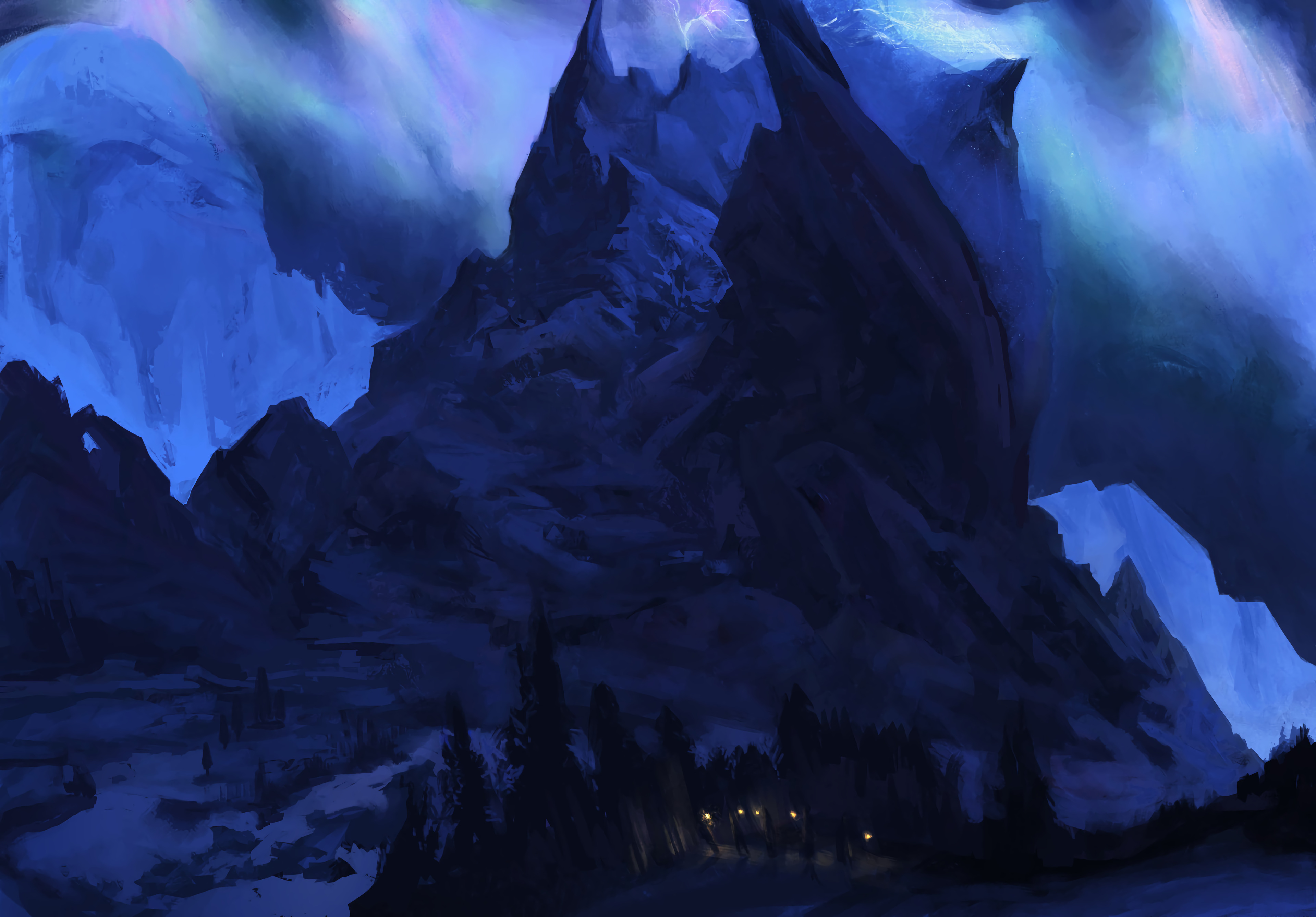 Download mobile wallpaper Lights, Rocks, Mountains, Night, Art for free.