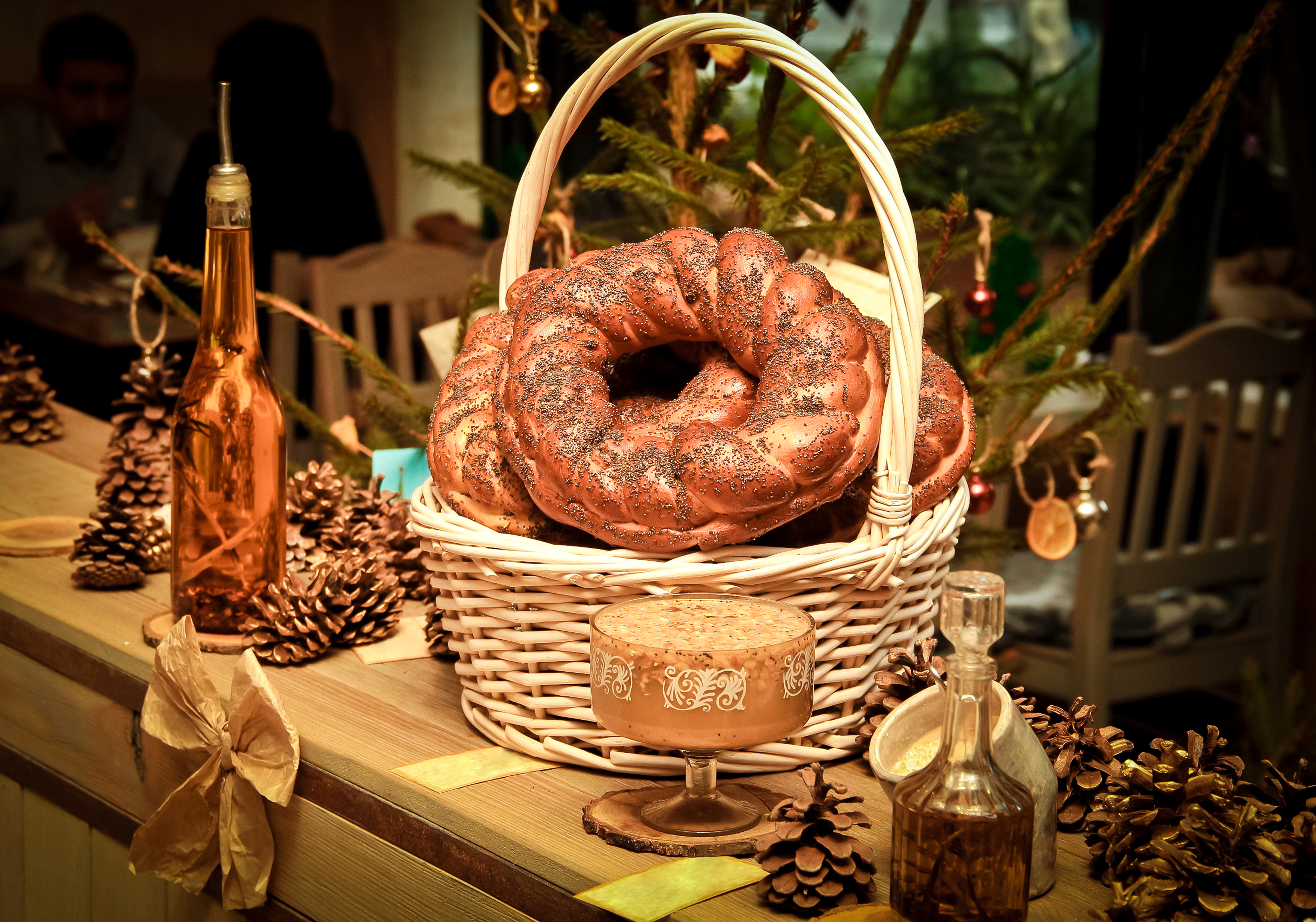 Download mobile wallpaper Still Life, Basket, Bread, Photography, Bottle, Pine Cone for free.