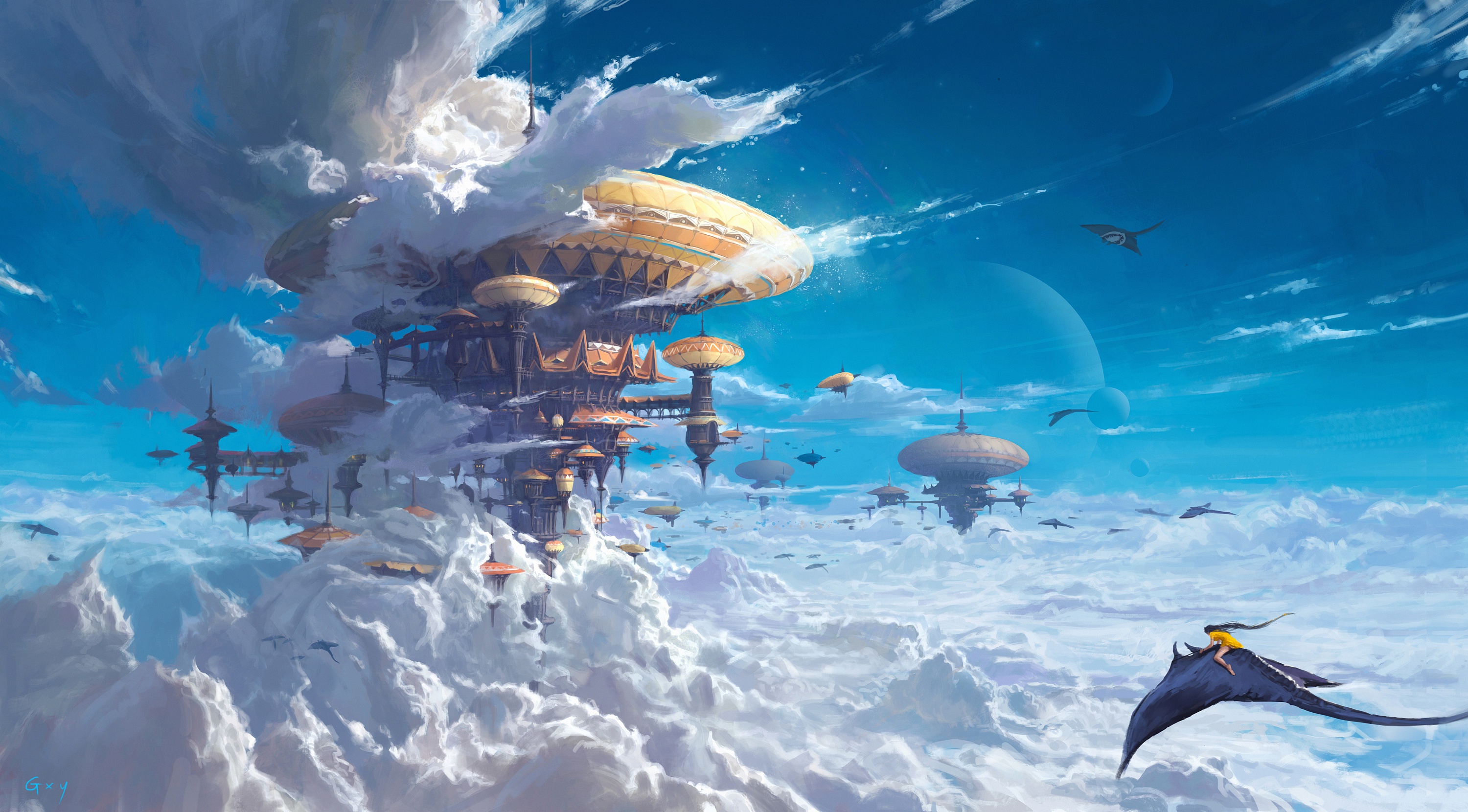 Free download wallpaper Fantasy, Sky, City, Cloud on your PC desktop