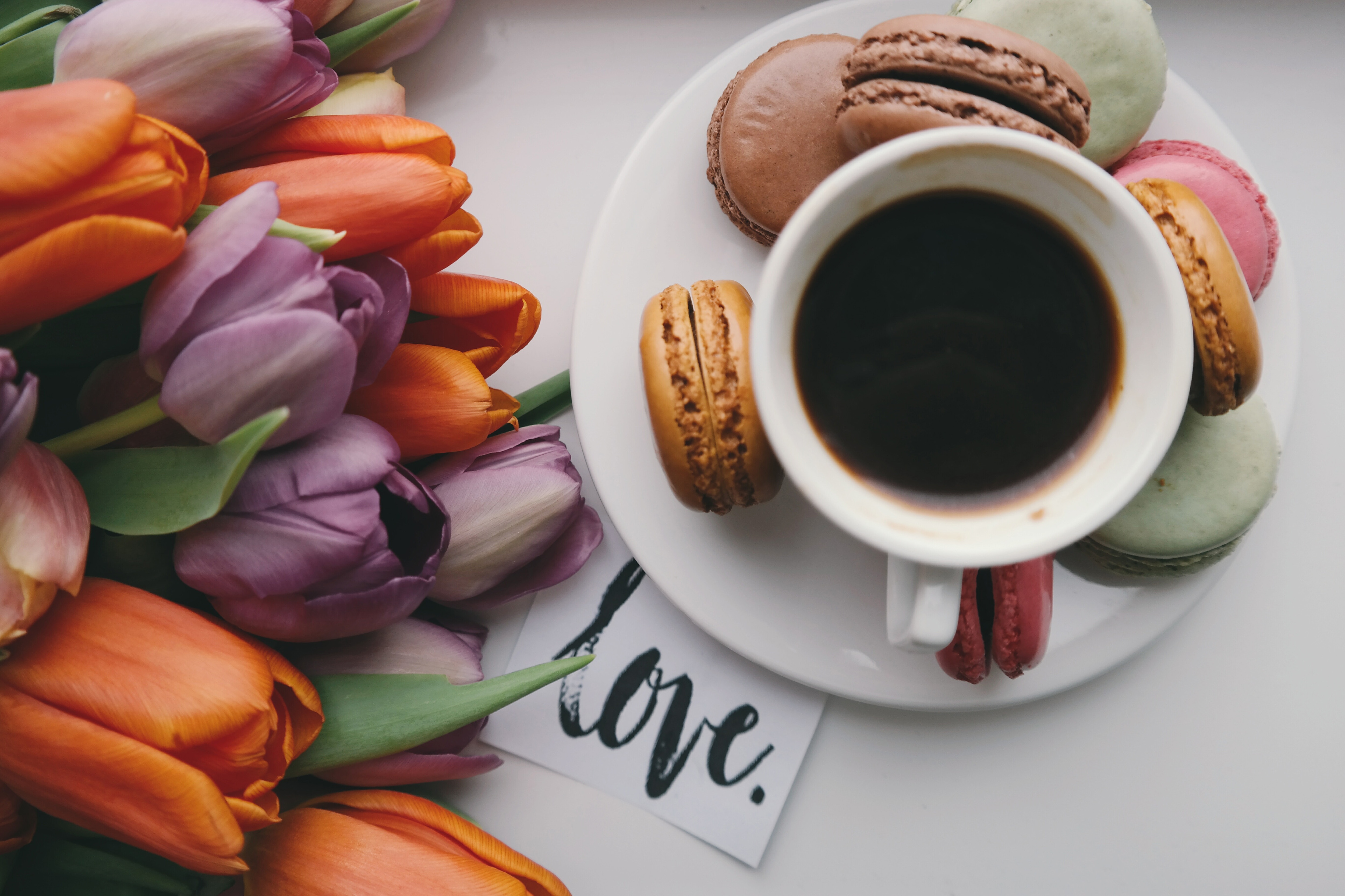 Download mobile wallpaper Food, Coffee, Flower, Cup, Tulip, Macaron for free.