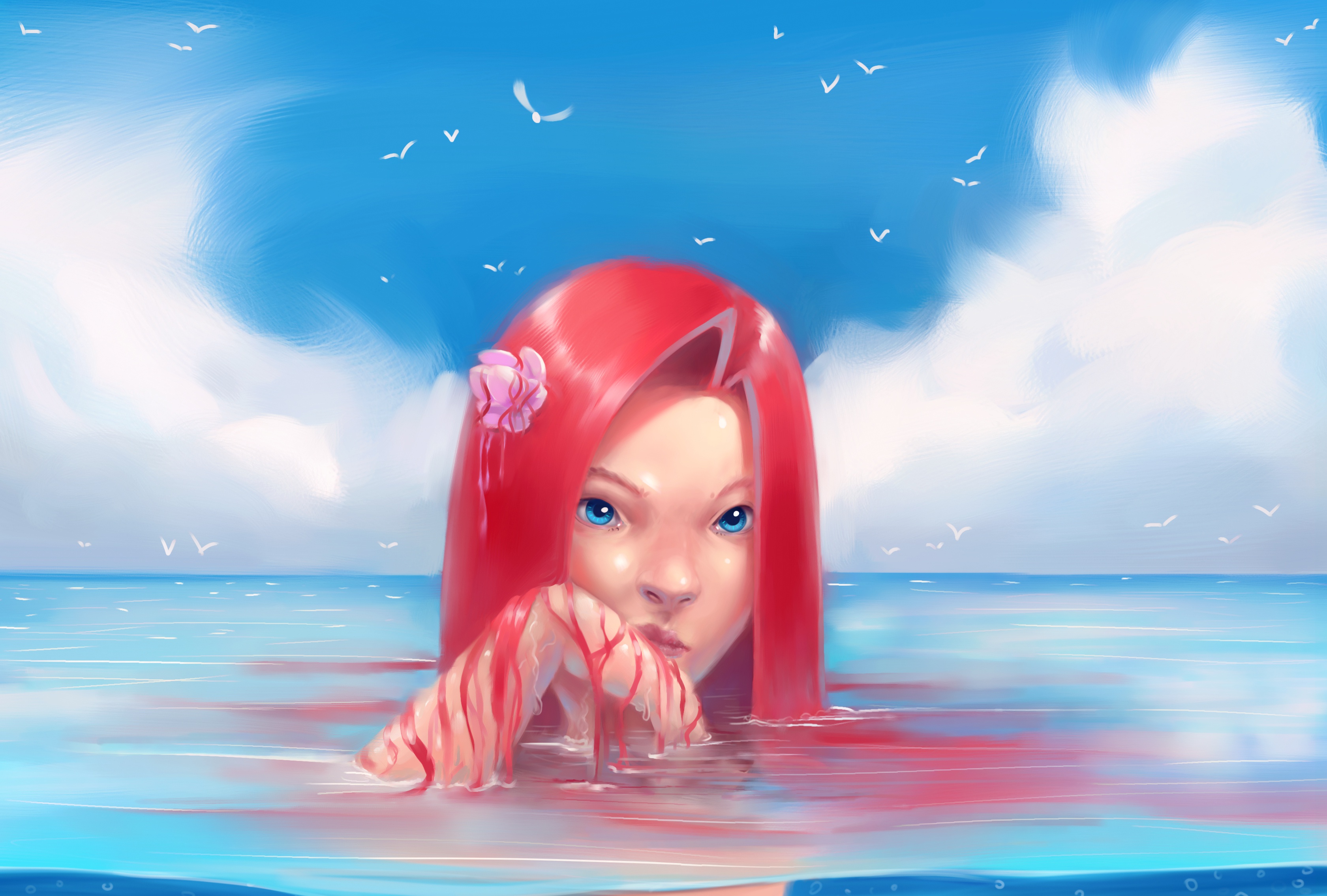Laden Sie das Fantasie, Blaue Augen, Meerjungfrau, Rote Haare-Bild kostenlos auf Ihren PC-Desktop herunter