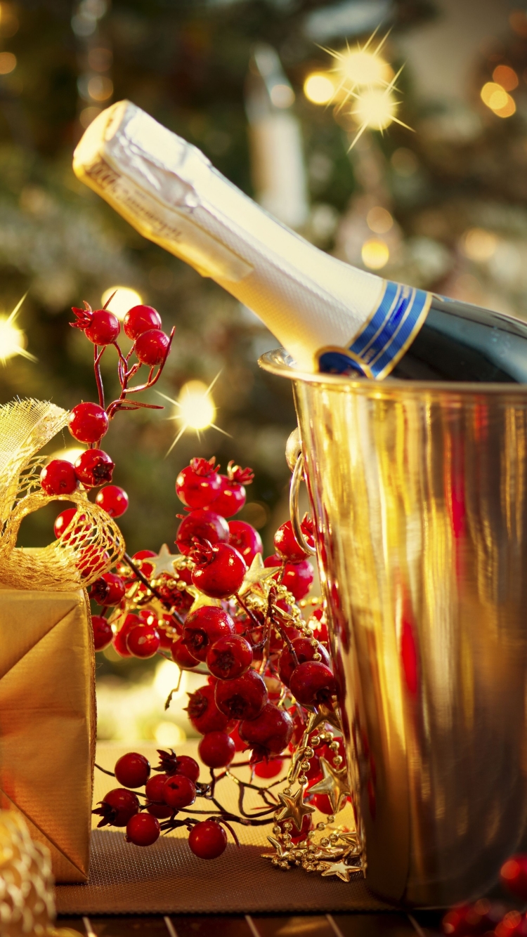 Скачати мобільні шпалери Новий Рік, Свято, Скло, Подарунок, Шампанське безкоштовно.