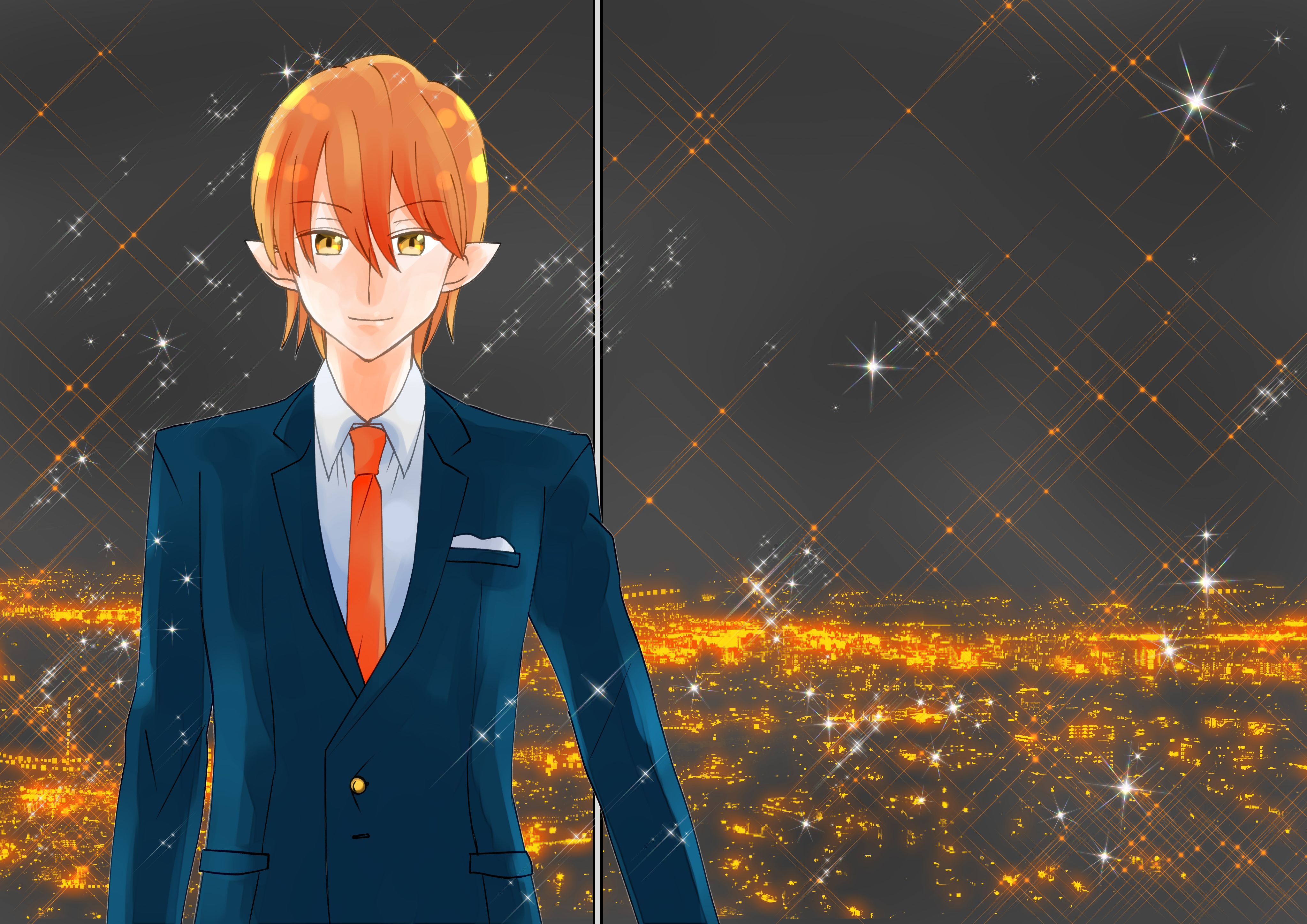 Download mobile wallpaper Anime, Night, City, Light, Yellow Eyes, Original, Orange Hair for free.