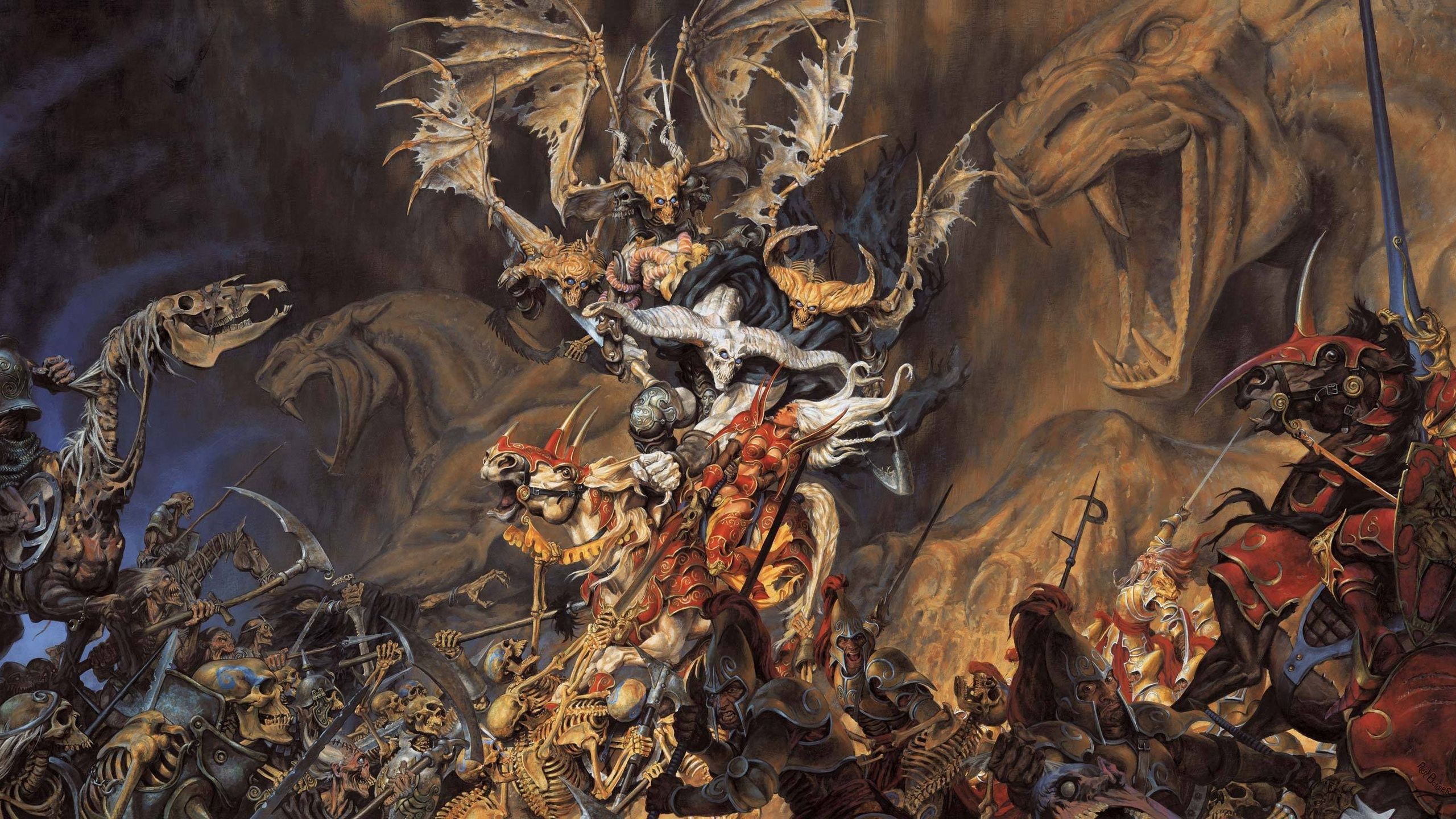 demon, horses, fantasy, skeletons, undead, battle, warriors HD wallpaper