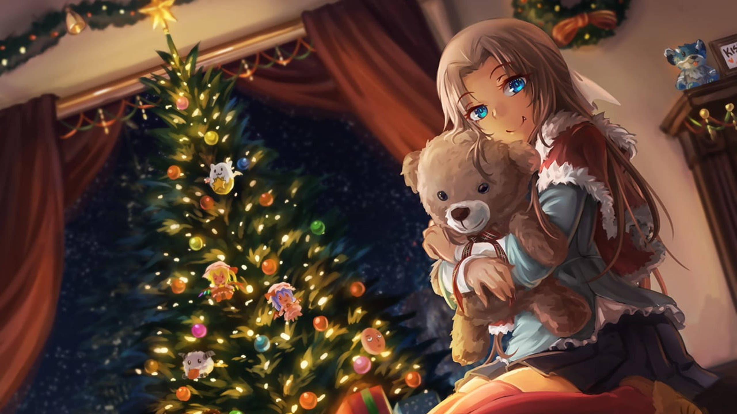 Handy-Wallpaper Mädchen, Weihnachten, Teddybär, Weihnachtsbaum, Animes kostenlos herunterladen.