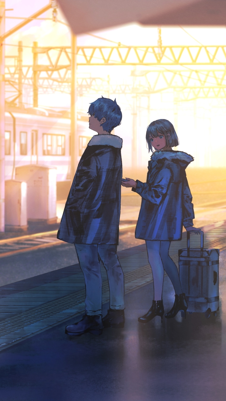 Download mobile wallpaper Anime, Couple, Train Station for free.