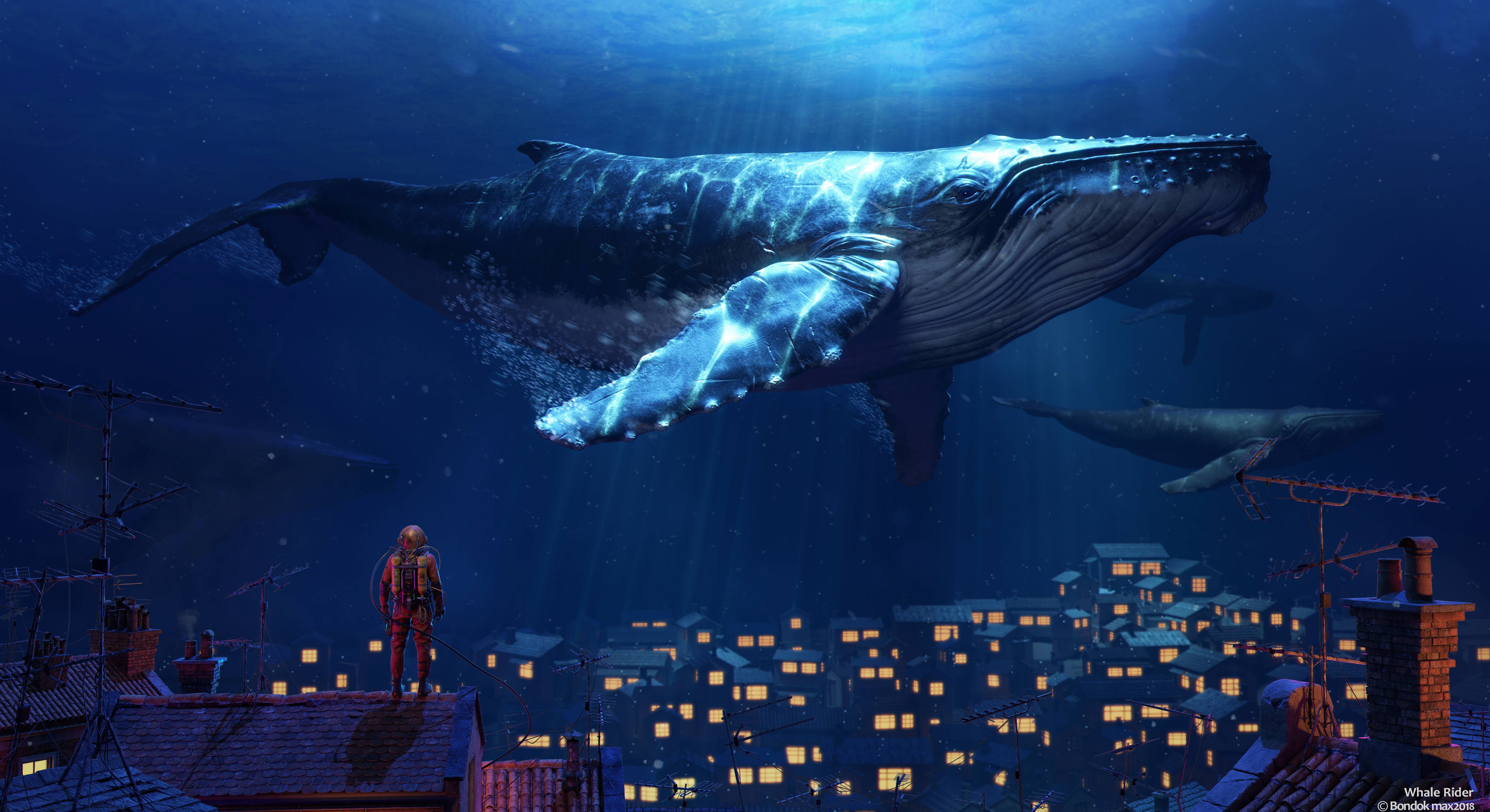 Free download wallpaper Fantasy, Whale, Underwater, Town, Fantasy Animals on your PC desktop